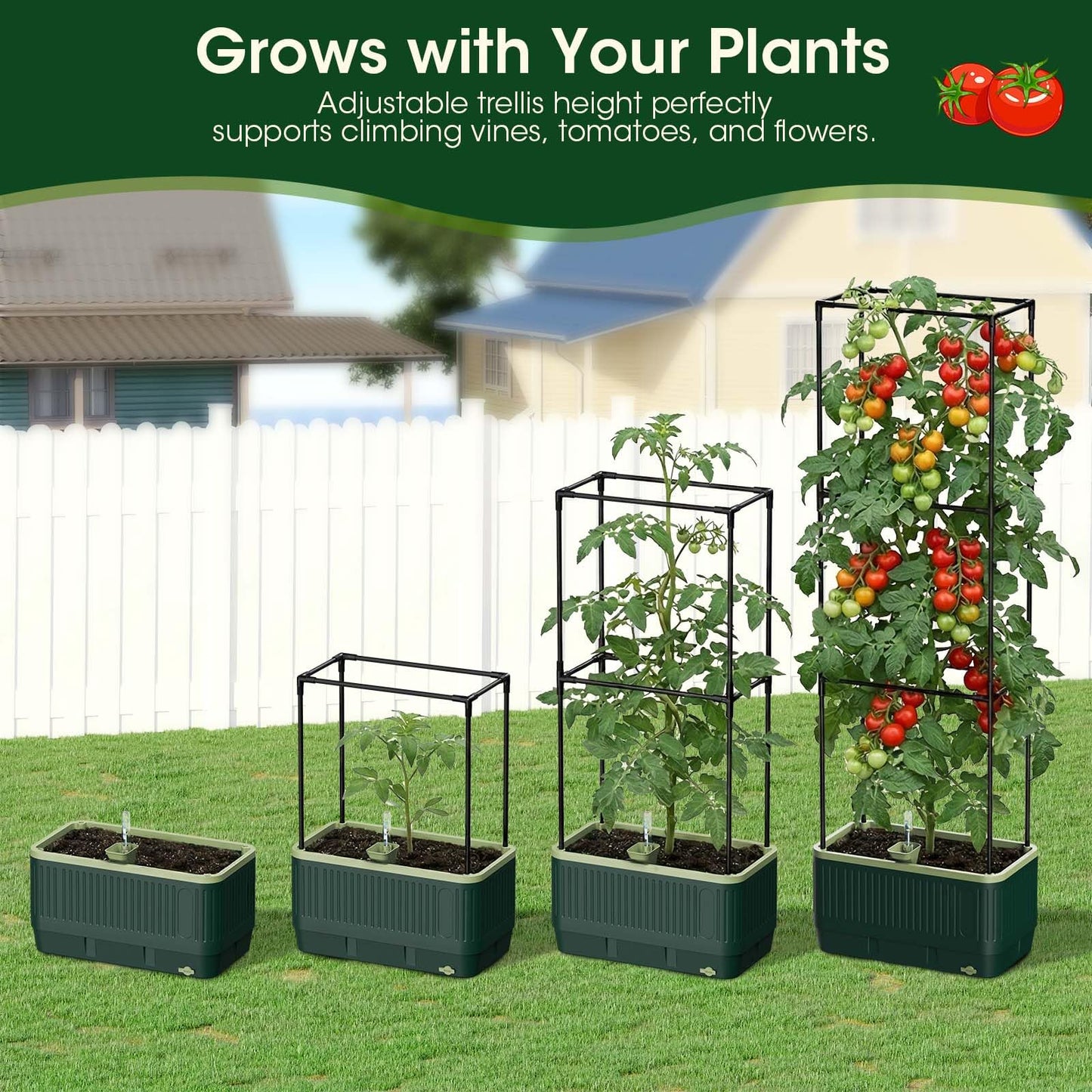 MQHUAYU 2 Pack 51" Self Watering Planter Box with Trellis, Tomato Planter Trellis for Raised Garden Bed, Cage with Visual Water Indicator, Indoor Outdoor Tomato Cages for Garden Patio
