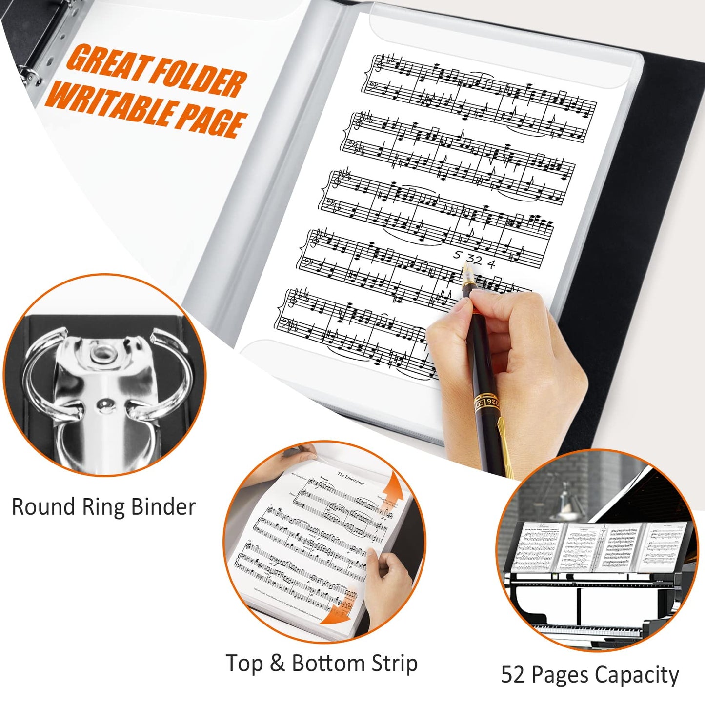 Music Folder, 8.5 x 11 Letter Size Music Binder, 4 Page Expand, 52 Pockets, Writable Choir Folder, Black