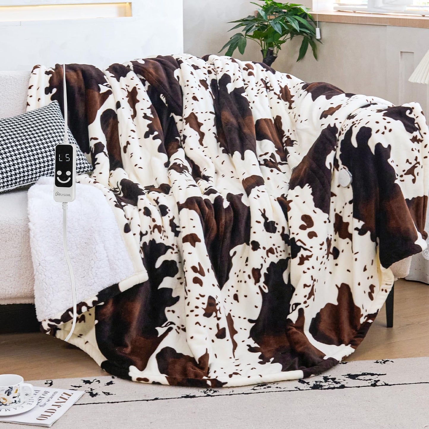 Electric Heated Blanket Heating Blanket Cow Print Throw 50INx60IN Winter Warm Blanket Gift 5 Heat Levels & 12 Hours Auto-Off, Cozy Soft Fleece Sherpa, Machine Washable，ETL Certificated