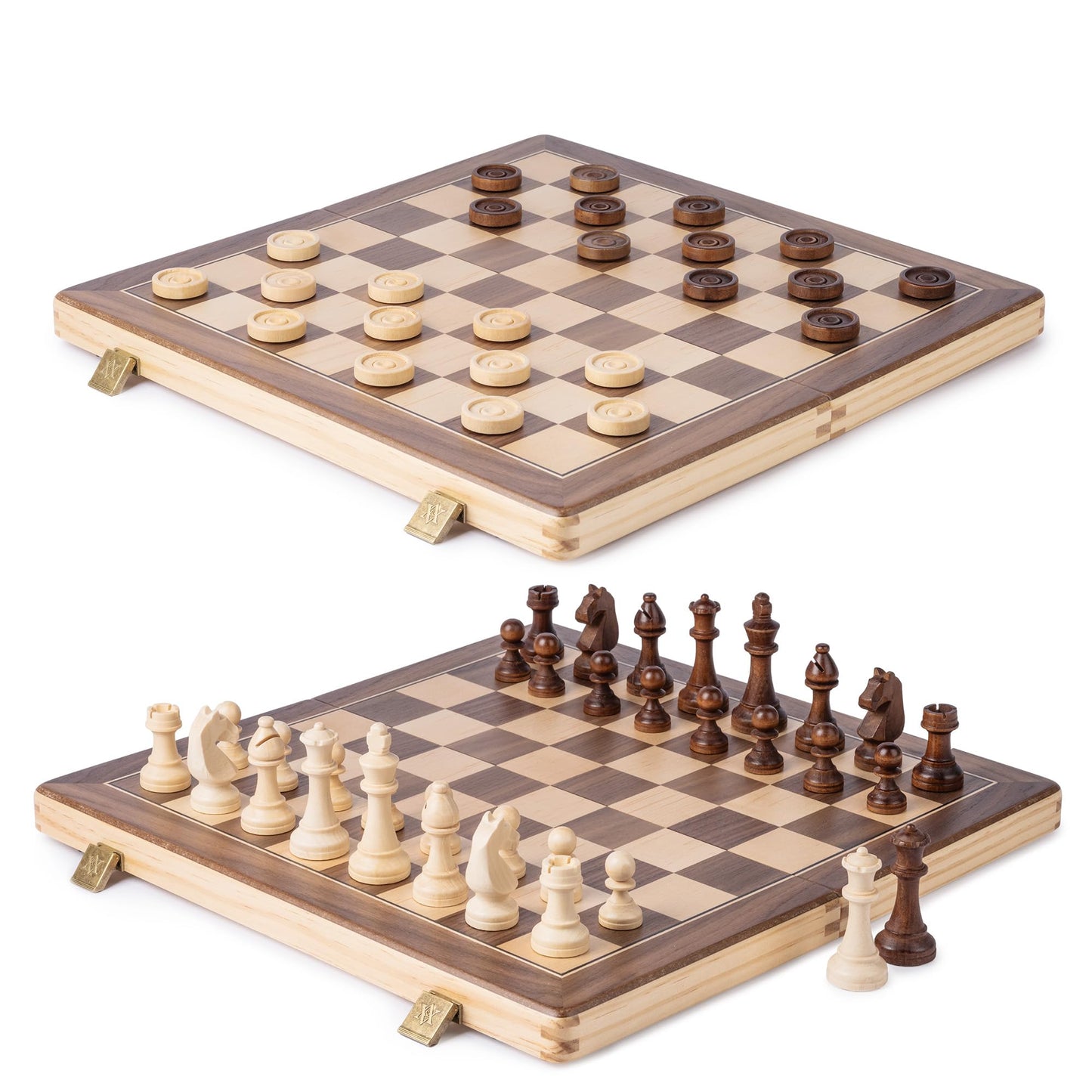 A&A 15 inch Wooden Folding Chess & Checkers Set w/ 3 inch King Height Staunton Chess Pieces / 2 Extra Queens