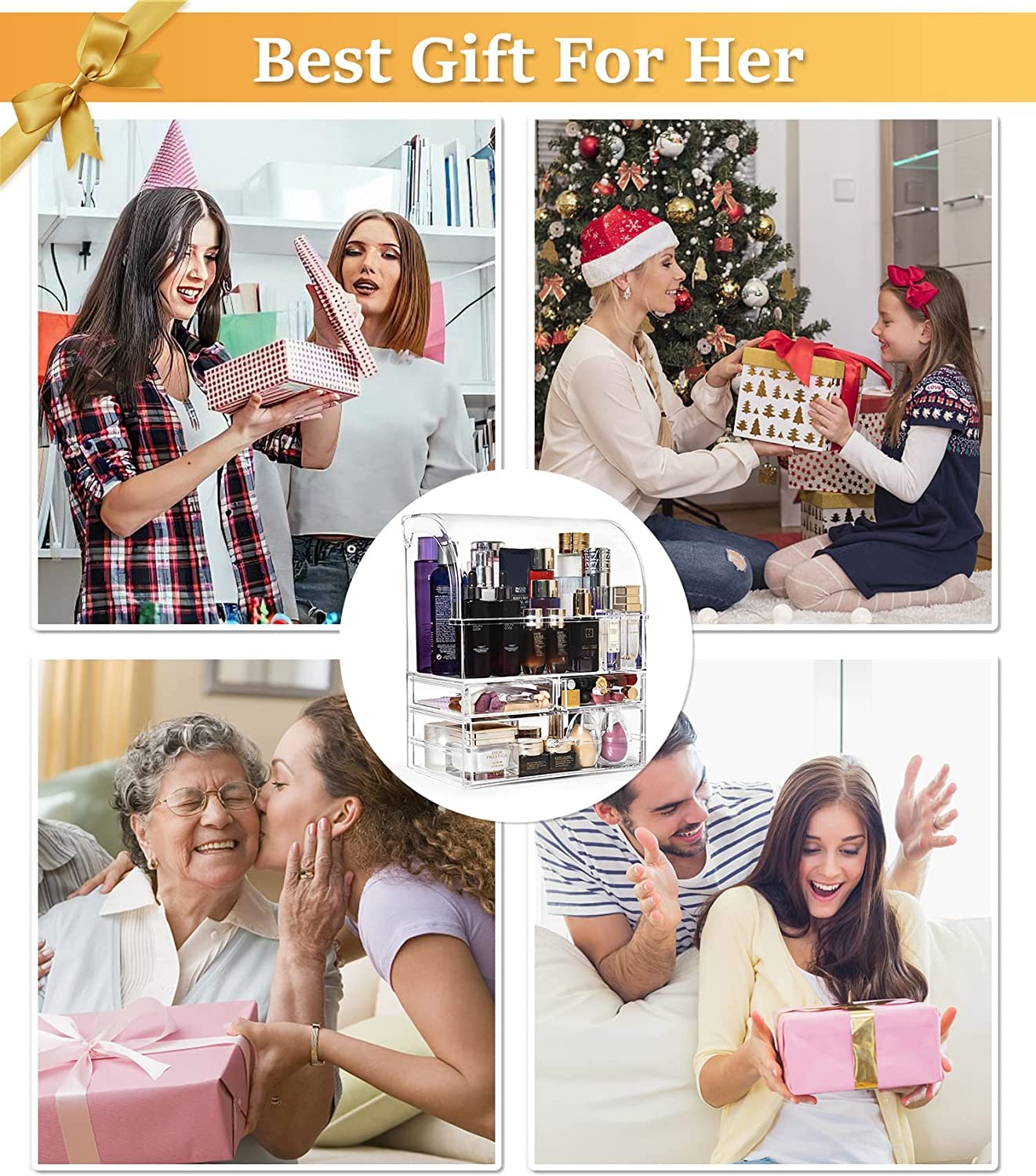 Cosmetic Organizer,Large Acrylic Makeup Storage Organizer Transparent Display Case with Drawers and Closable Lid, Dustproof Waterproof Box for Bathroom Counter Dresser, Lipsticks, Brushes (Clear-L)