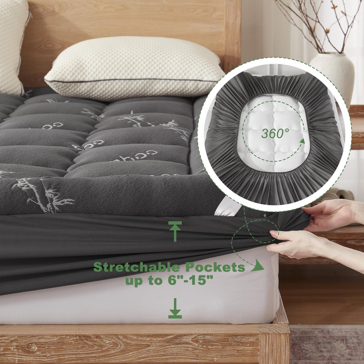 BEDLORE Full Mattress Topper Viscose Derived from Bamboo,Thick Pillow Top Mattress Pad,Deep Pocket Fits Mattress 6"-15",Soft Breathable Mattress Cover for Back Pain Relief
