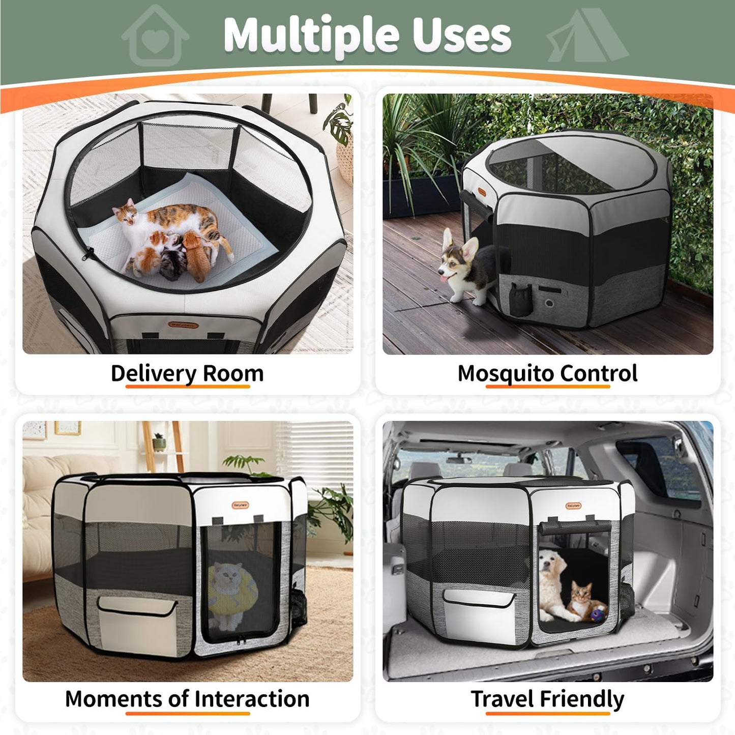 Seiyierr Dog Playpen, Portable Puppy Playpen, Pet Playpen, Dog Playpen for Small Dogs Cats Indoor Outdoor, Dog Play Pen with Carring Case, Removable Shade Cover