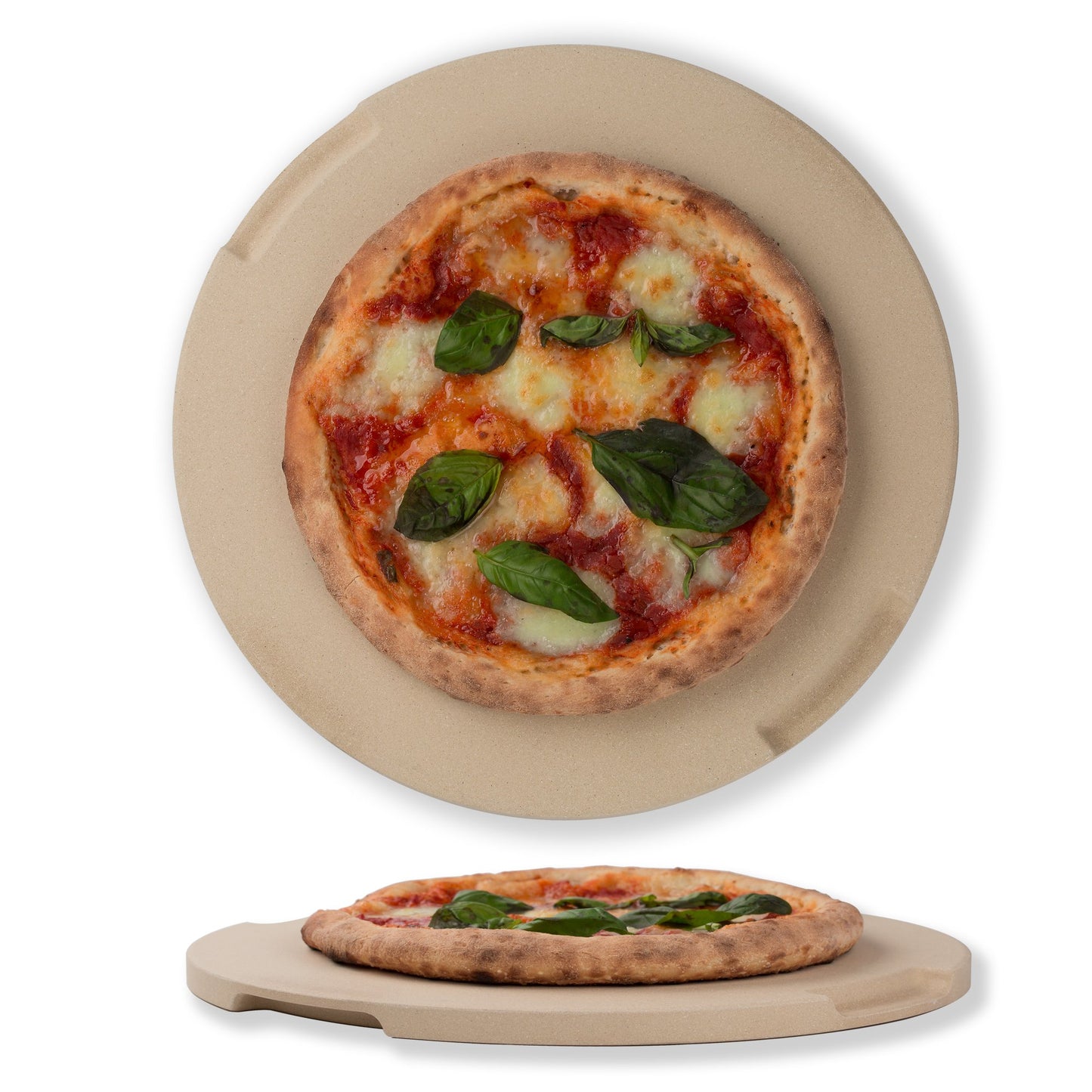 ROCKSHEAT Pizza Stone Made of Cordierite for Pizza & Bread Baking Grilling. Perfect for Oven or Grill. Innovative Unique Double - Faced Built - in 4 Handles Design (Round 12.6"x0.6")