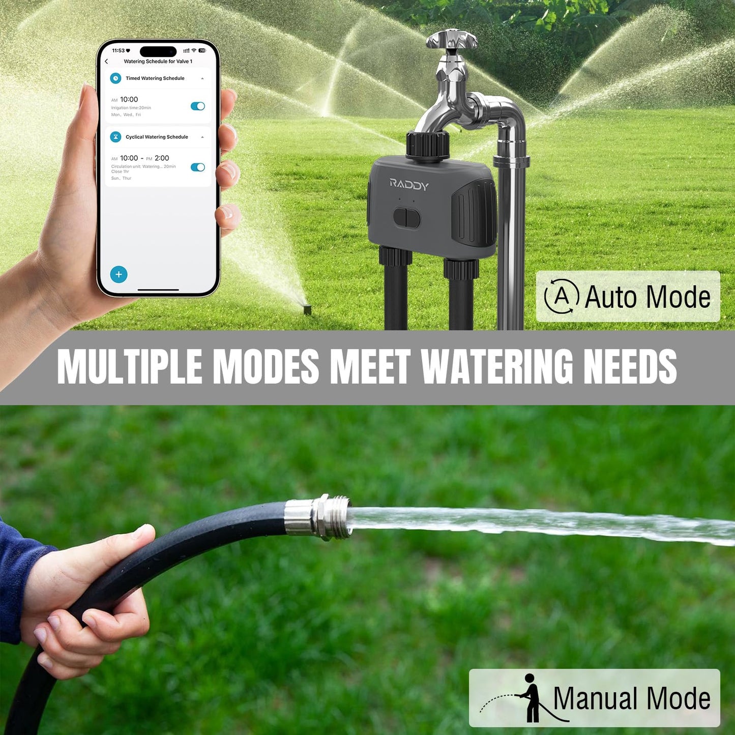 Raddy WS-3 WiFi Sprinkler Timer 2 Zone, IPX5 Water Timer for Garden Hose Faucet, APP Control Automatic Irrigation System with WiFi Hub, Rain Delay for Lawns and Yard