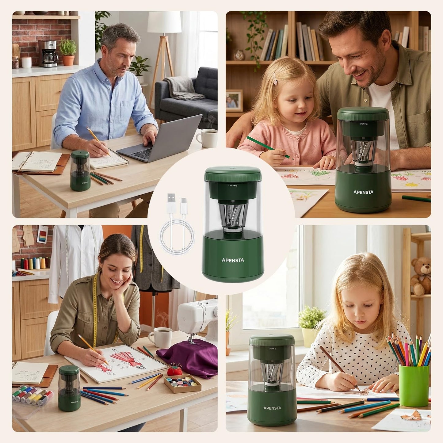 Apensta Electric Pencil Sharpener, Auto in & Out, Adjustable Tip