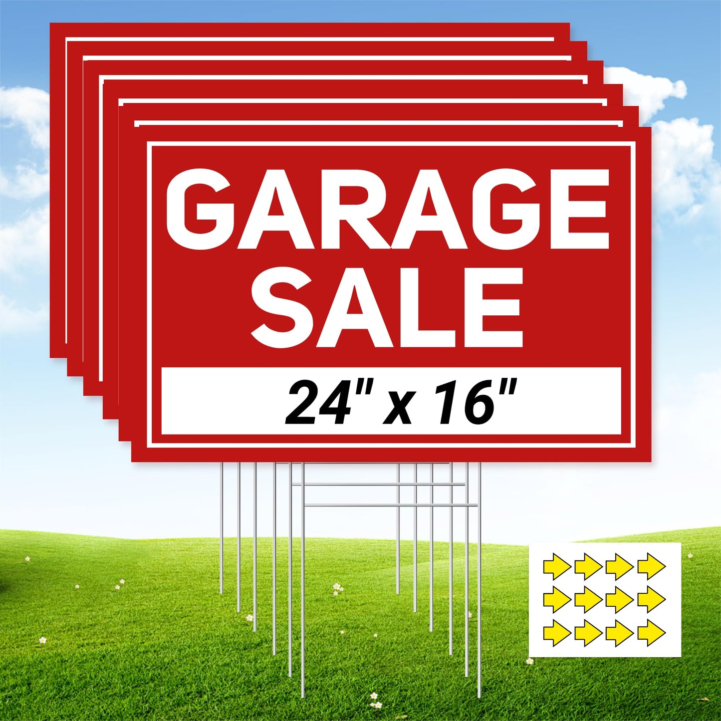 6 Pcs Garage Sale Signs with Stakes, 6 Foldable Extra-Large Garage Sale Signs 24" x 16", Metal Stakes and Double Sided Waterproof Design for Garage Sale Supplies