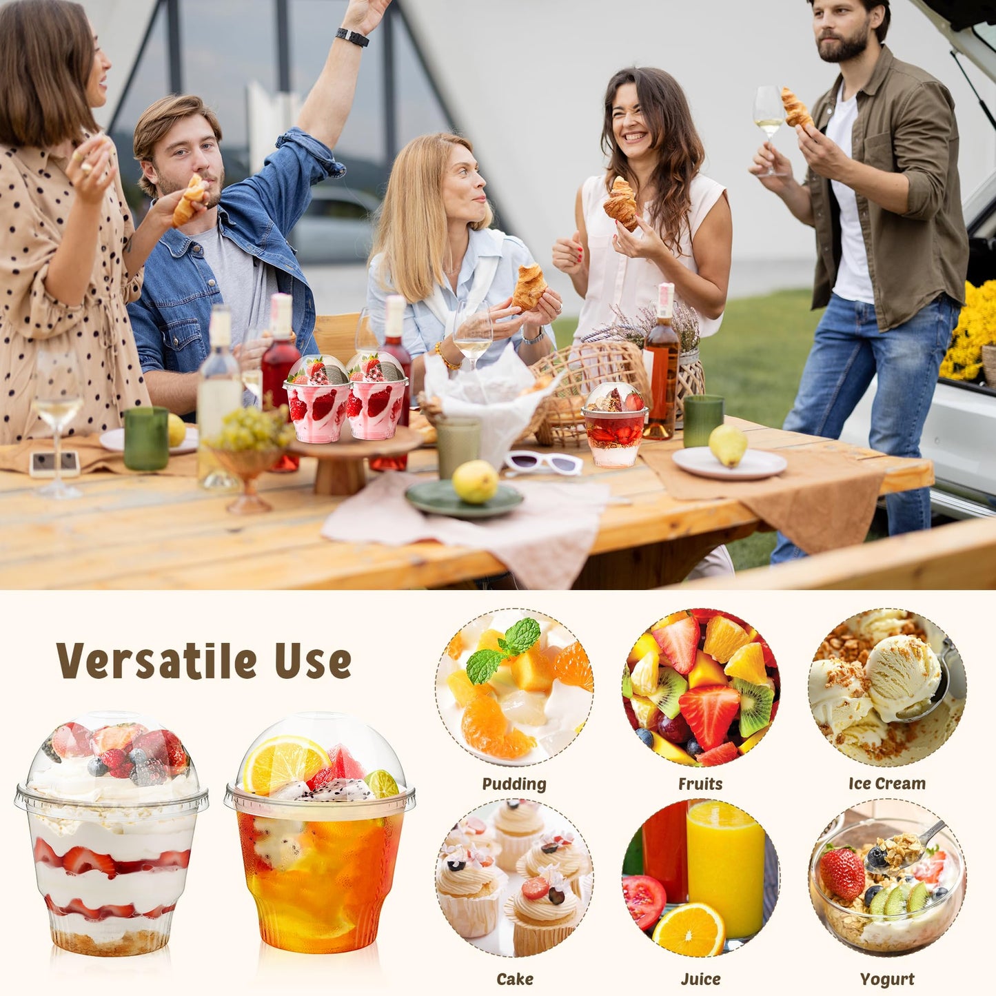 100 Pcs 12 oz Clear Plastic Dessert Cups with Dome Lids No Hole, Disposable Plastic Yogurt Parfait Cup, Crystal PET Fruits Cups with Lid for Pudding Ice Cream Snack Jello Party Birthday Wedding