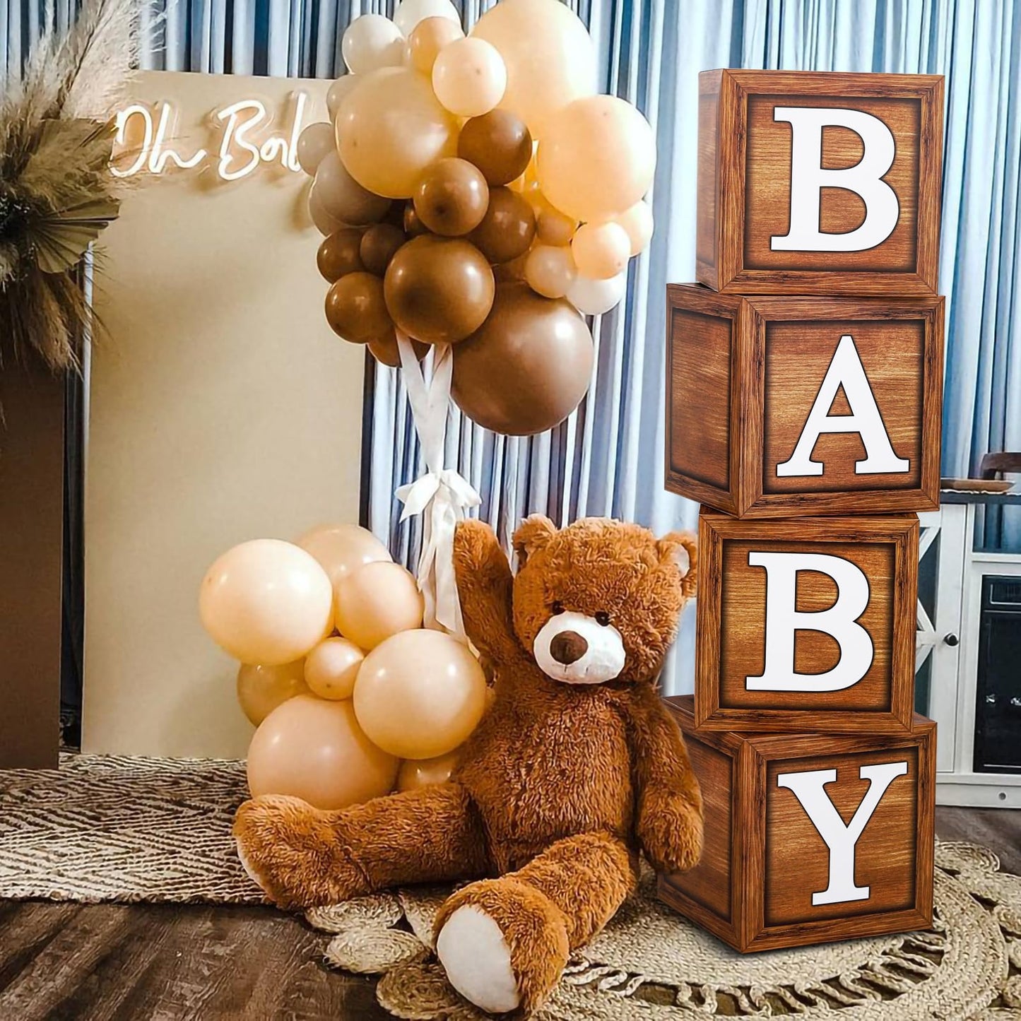 DataMoon Boho Baby Shower Decorations for Neutral Gender Baby,Baby Boxes with Letters,Boho Balloons,We Can Bearly Wait Backdrop,Cake Topper,Tablecloth for Baby Shower,Gender Reveal Party Supplies