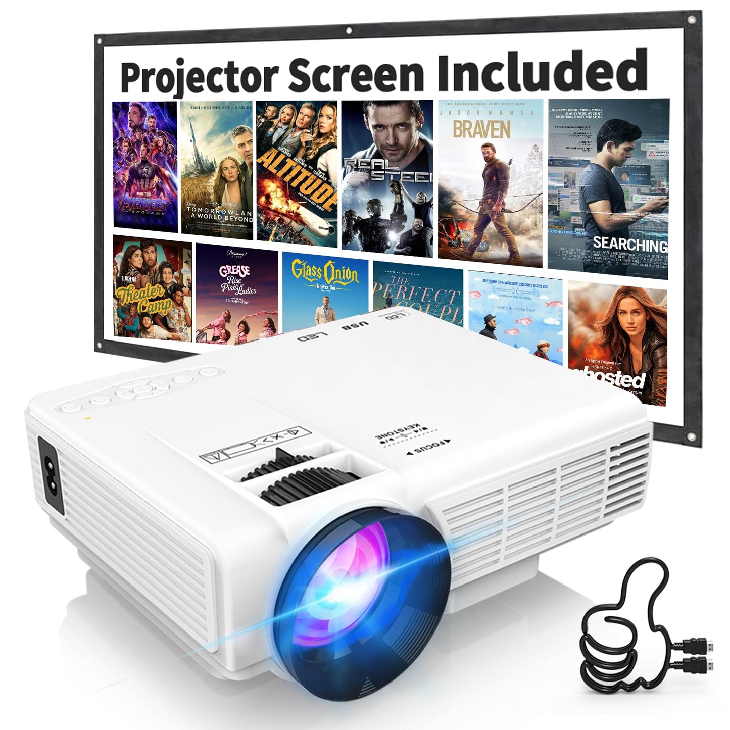 【Projector Screen Included】 1080P Mini Projector with Two-Way Bluetooth, 50% Zoom, Portable Outdoor Movie Projecteur, Compatible with TV Stick, Video Games, HDMI, USB, Smartphone