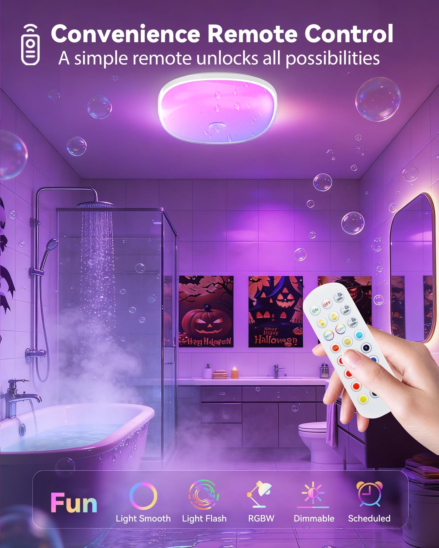 IP65 Waterproof Rechargeable Shower Light – 6″ 300LM Bright Shower Lamp, 16 Colors Mood Lighting with Touch & Remote Control, Magnetic Wireless Ceiling/Wall Light for Inside Shower, Bathroom, Bathtub