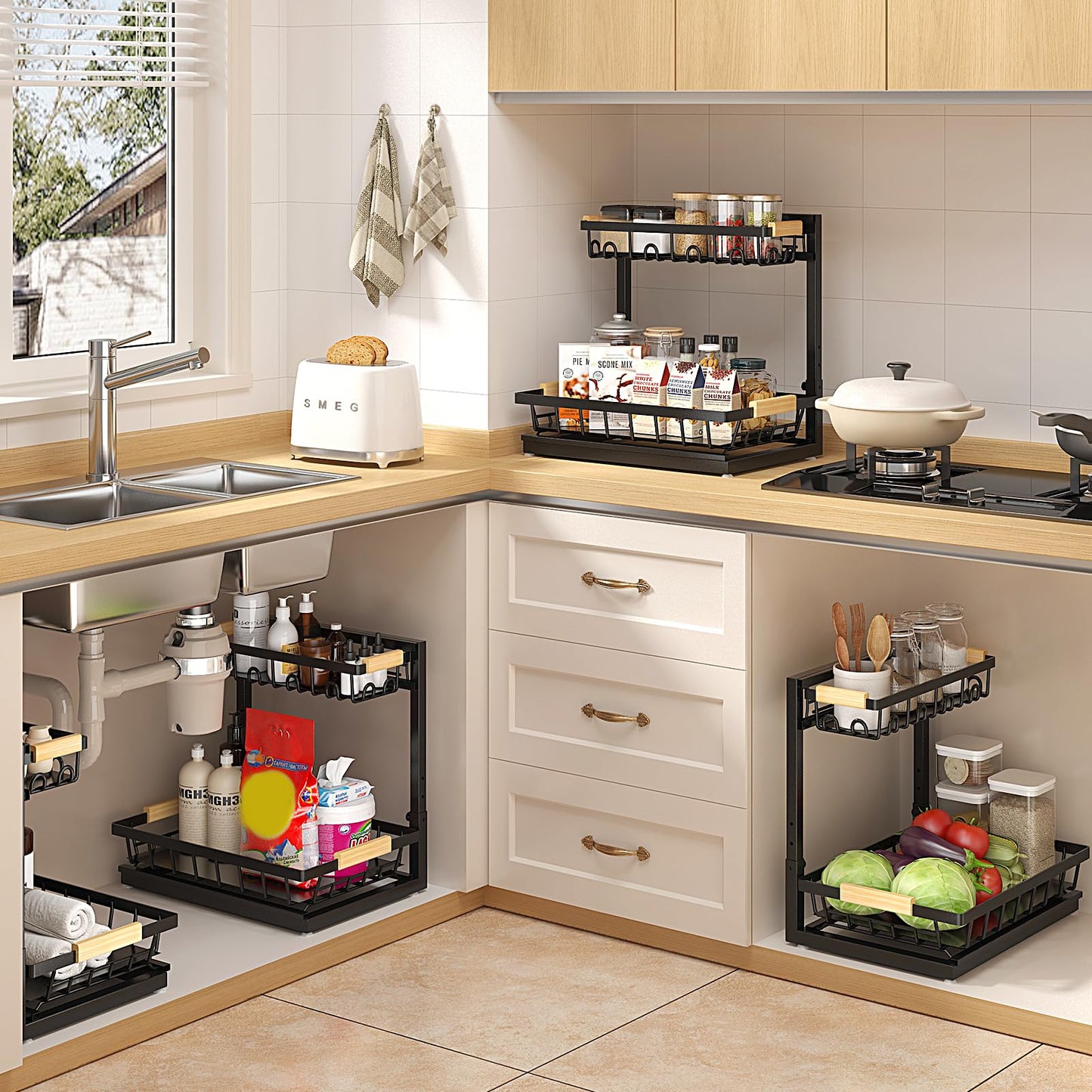 Sevenblue 2 Pack Under Sink Organizer, Height Adjustable 2 Tier Under Sink Organizer Kitchen, Multi-Purpose Storage Shelf for Kitchen Bathroom Cabinet (Black, Large)