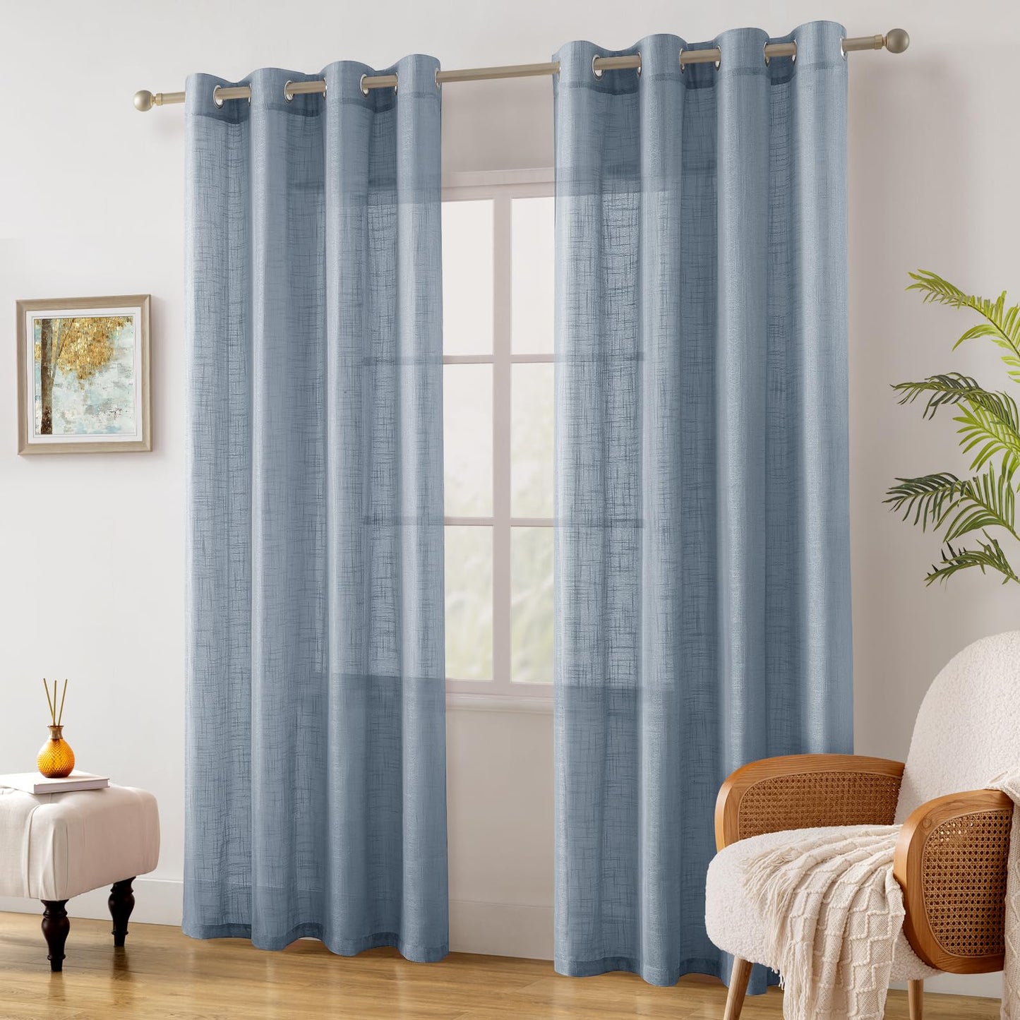 HOMEIDEAS Stone Blue Linen Textured Sheer Curtains, 84 Inches Long 2 Panels Semi Sheer Curtains Farmhouse Window Drapes for Bedroom Living Room, 2 Panels, W52 x L84