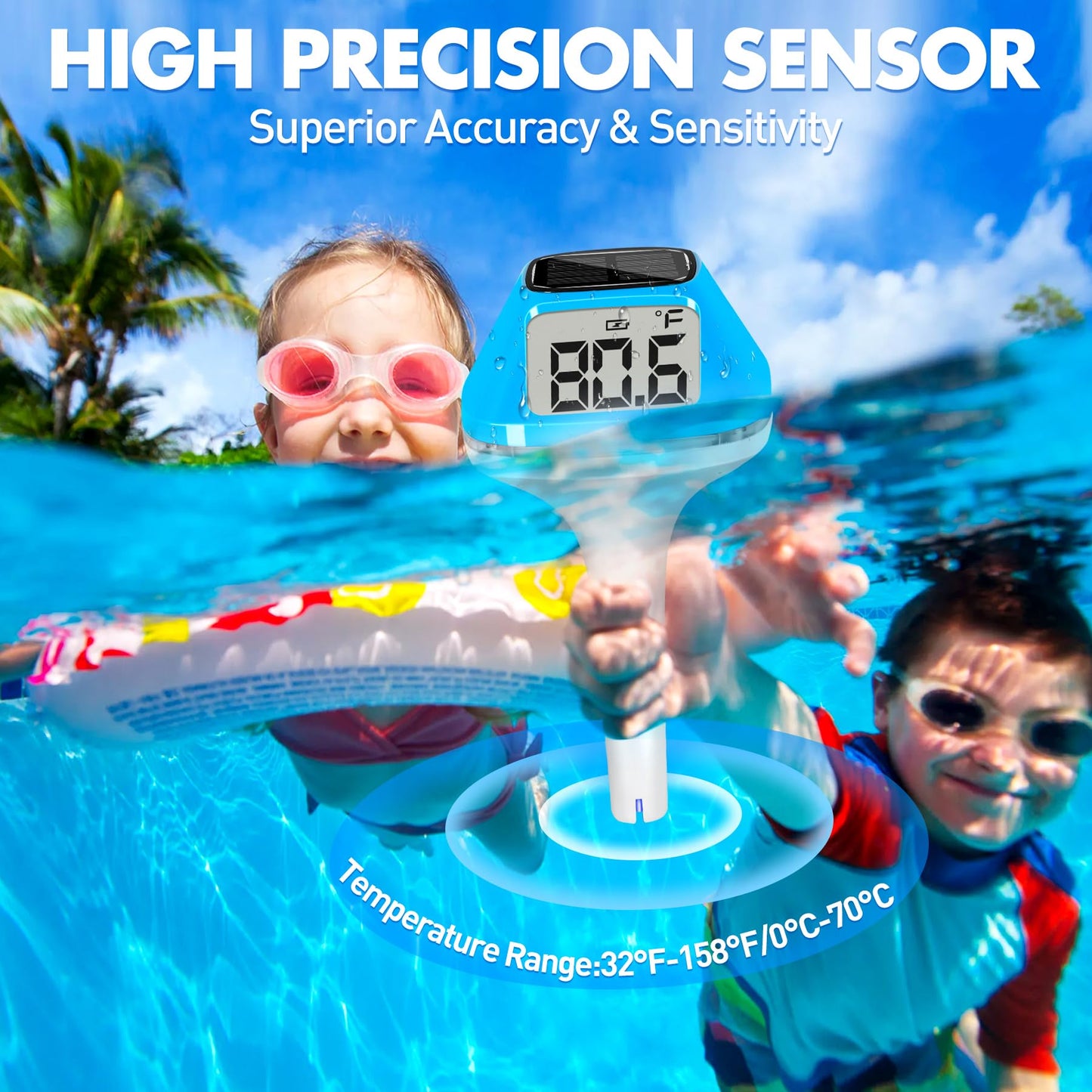 DeeprBlu 2025 New Iteration Solar Digital Pool Thermometer with Rope, Easy Read Extra Large Backilt LCD Display Floating Pool Thermometer, IP68 Waterproof Pools Water Temperature Gauge for Hot tub,Spa
