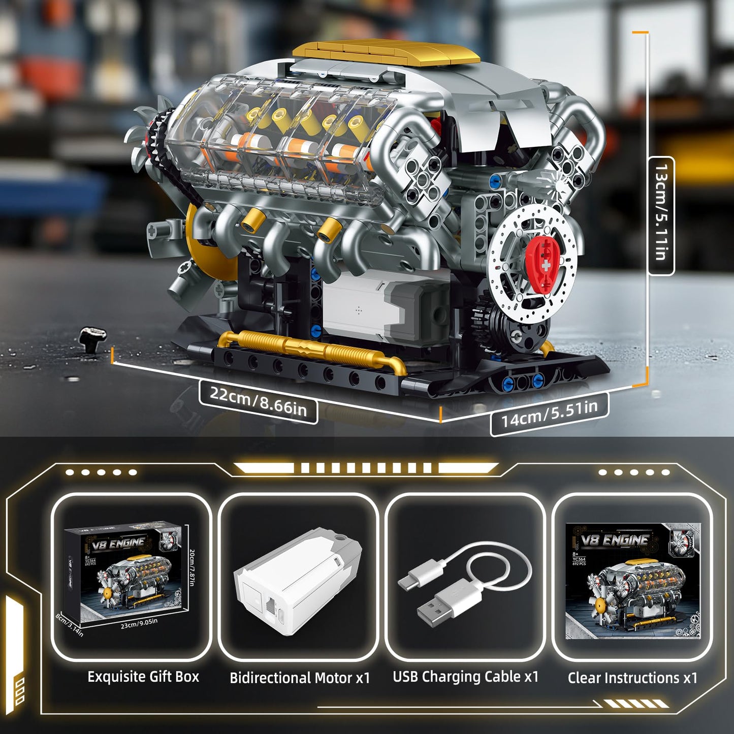 BseSparklion V8 Engine Building Kit for Adults, Build Your Own MOC Mini V8 Engine Model Toy for Display, Compatible with Lego Car Set, STEM Building Project for Teens & Kids Boys 8-14 (692 PCS)