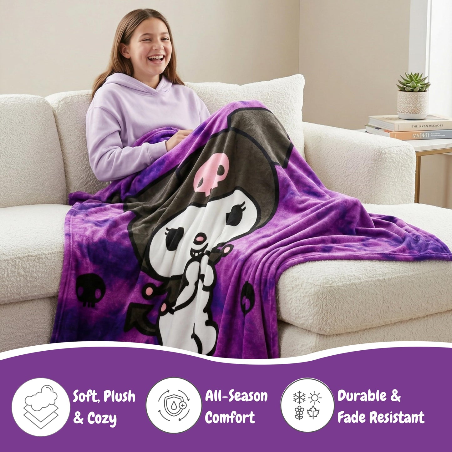 Franco Collectibles Kuromi Bedding Super Soft Cozy Blanket, 62 in x 90 in, (Officially Licensed Product)