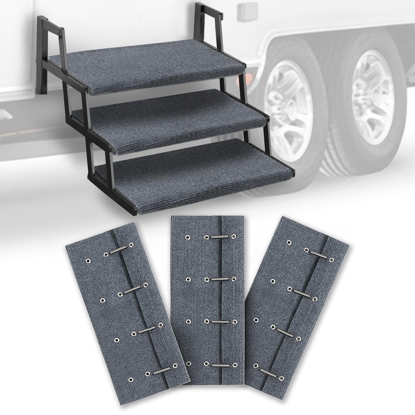 HOMEE 3 Packs RV Step Covers with Install Hook, Camper Step Covers 23 Inch Wide RV Step Rugs, Non-Slip Outdoor RV Stair Covers Fit 8" to 11" RV Stair Treads
