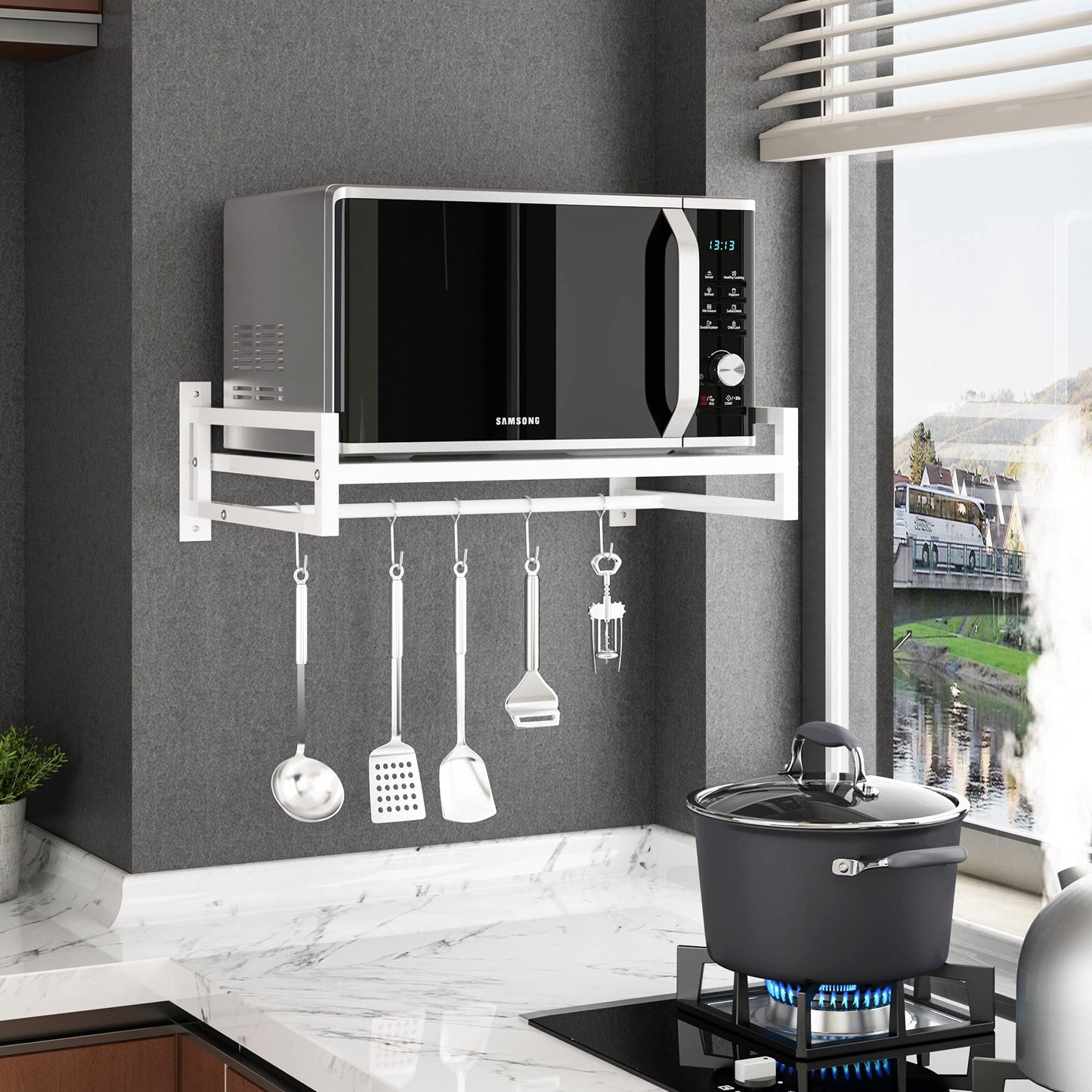 ABCOOL Wall Mount Microwave Oven Shelf, Carbon Steel Counter Countertop Holder Rack with Hook Rail and 3 Slidable Hooks for Kitchen Home