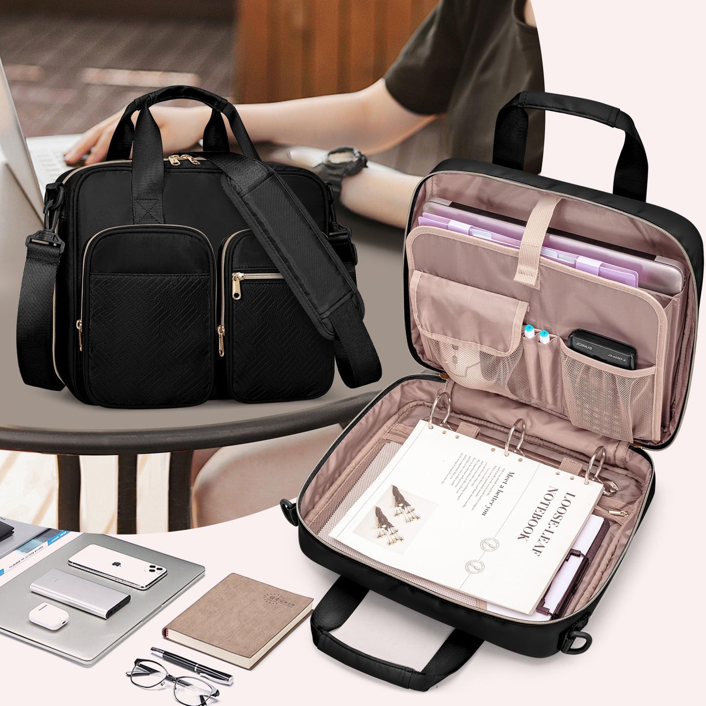 Prokva 3 Ring Zipper Binder, 2 Inch Ring Binder Organizer Bag with Shoulder Strap Fits 13 Inch Laptop and 500 Sheets, Black(Empty Bag Only)