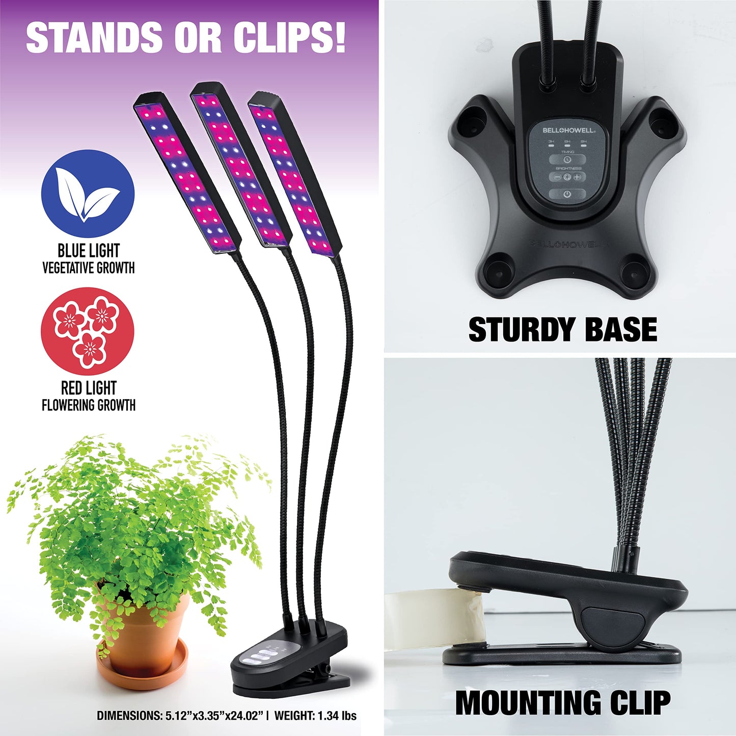 Bell+Howell Growburst 24” Indoor Plant Growing Lamp with 8 Brightness Settings, 3 Light Modes Including Full Spectrum UV Light As Seen On TV