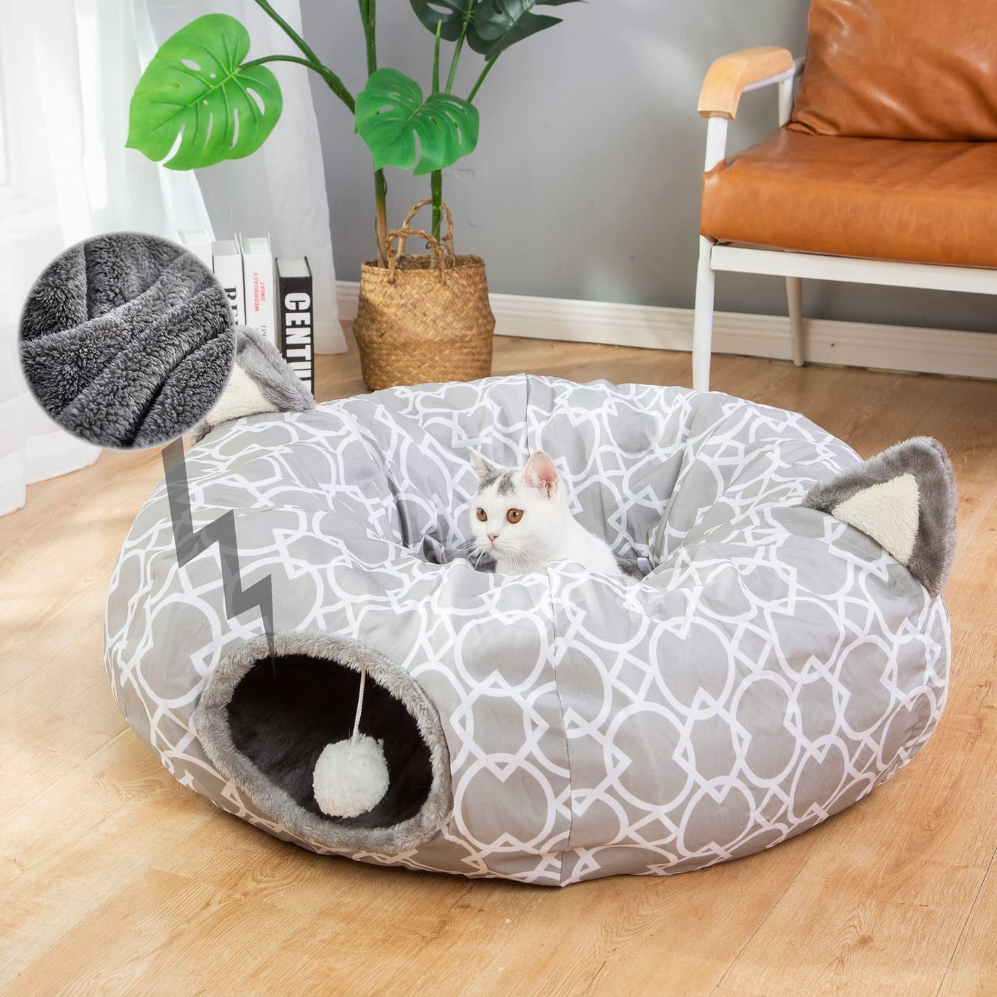 Cat Dog Tunnel Bed with Cushion Tube Toys Oxford Cloth Large Diameter Longer Crinkle Collapsible 3 Way for Cats Kittens Kitty Puppy Outdoor 6FT (Grey-White)