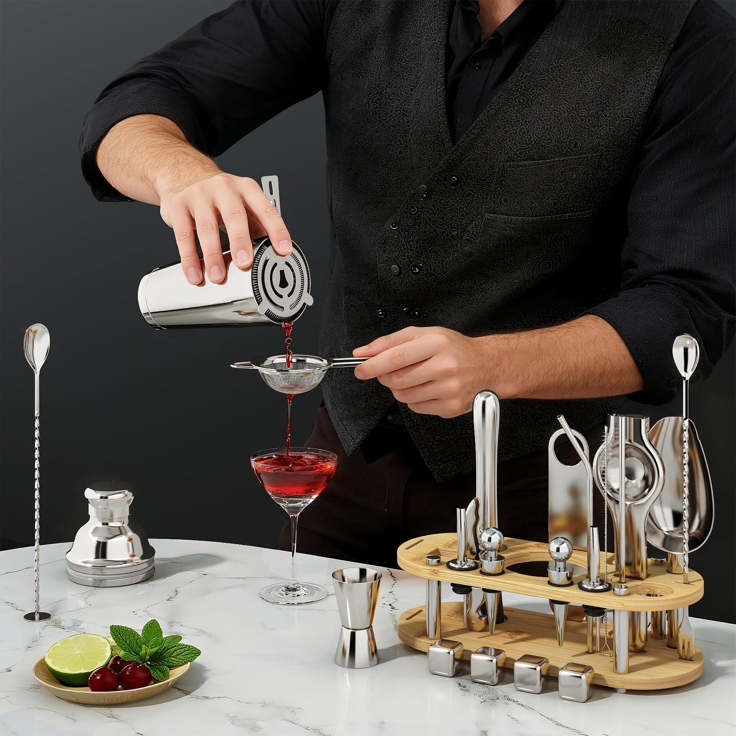 25-Piece Bartender Kit | Stainless Steel Cocktail Shaker Set with Bamboo Stand, 700ml Double-Layer Cocktail Shaker with Full Bar Tools & Recipes, Bar Tool Set for Drink Mixing, Home, Party, Gift Idea