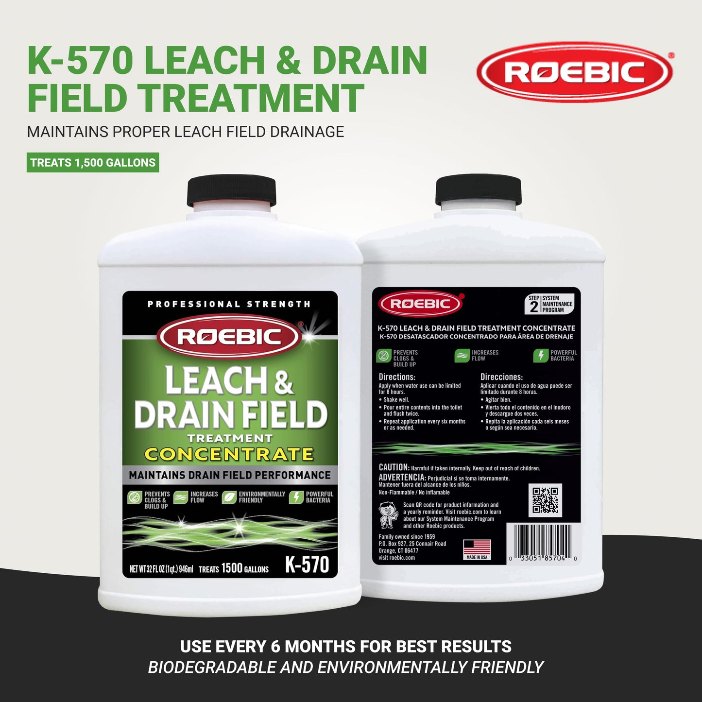 Roebic K-570-Q Biodegradable Leach and Drain Field Treatment Concentrate Environmentally Friendly Bacteria Enzymes Treat Septic Clogs & Buildup, 32 Ounces