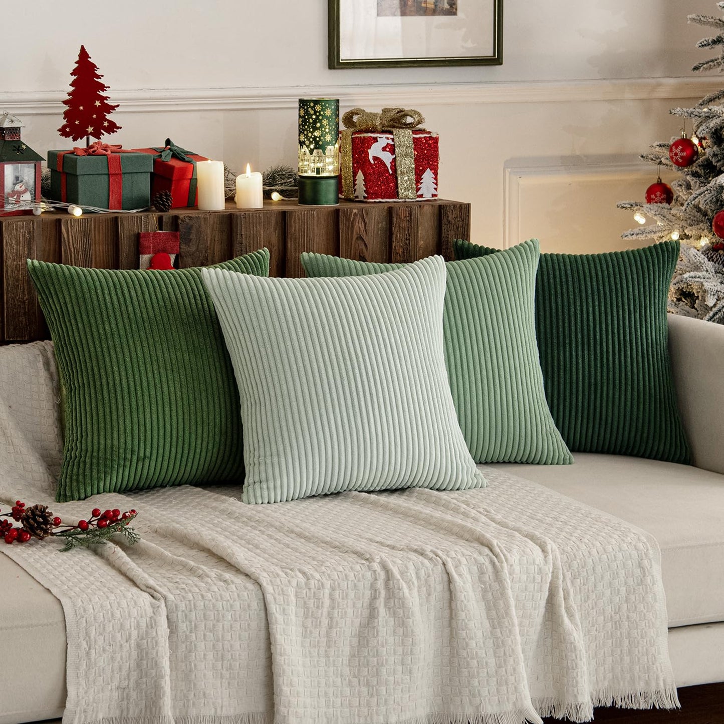 MIULEE Pack of 4 Green Corduroy Decorative Throw Pillow Covers 18x18 Inch Soft Boho Striped Pillow Covers Modern Farmhouse Home Decor for Sofa Living Room Couch Bed