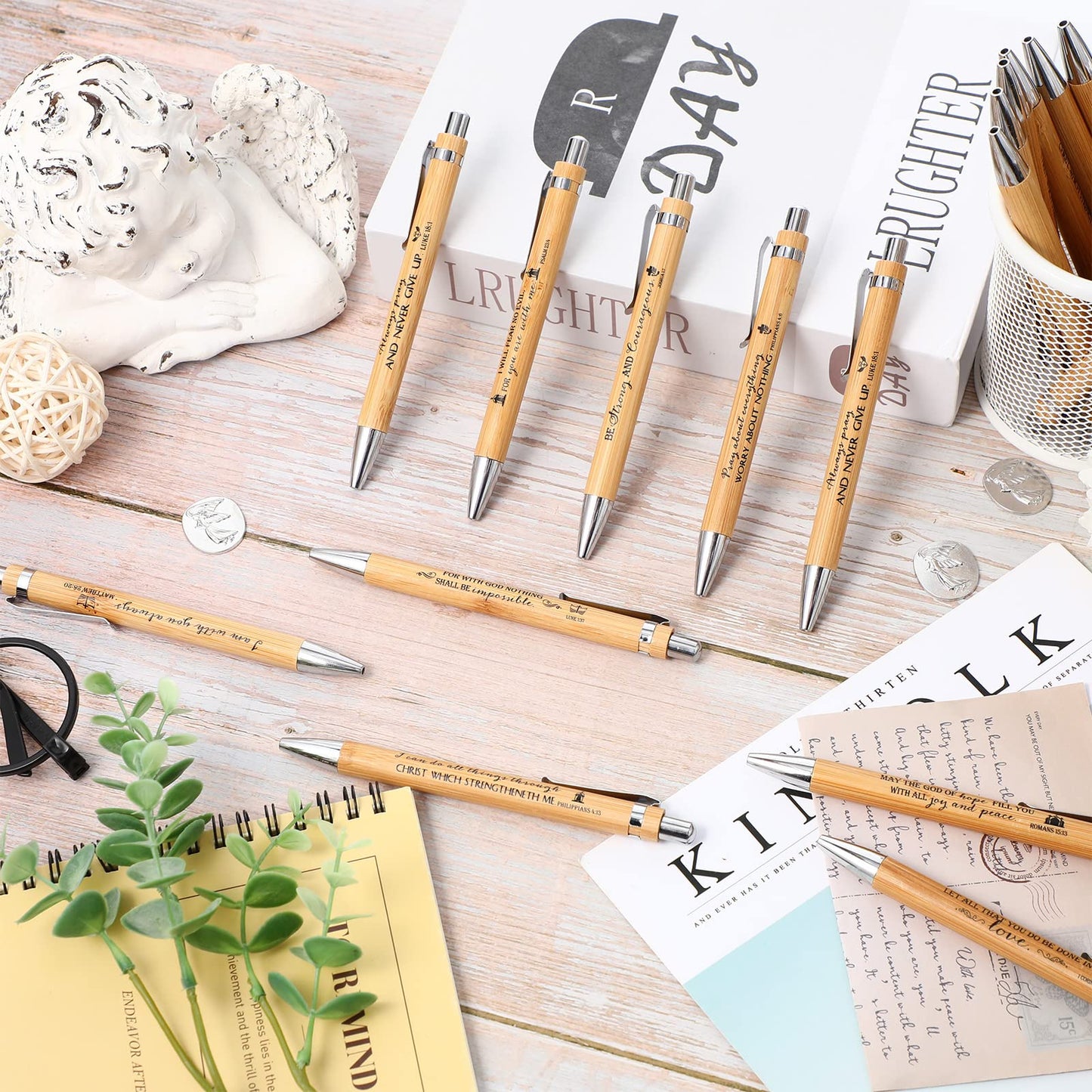 Fumete 50 Pcs Fathers Day Christian Gift Bible Verse Bamboo Pen Wooden Inspirational Quotes Ballpoint Pen Bulk Religious Church Gifts for Women Graduation Pastor Teacher(Natural,English)