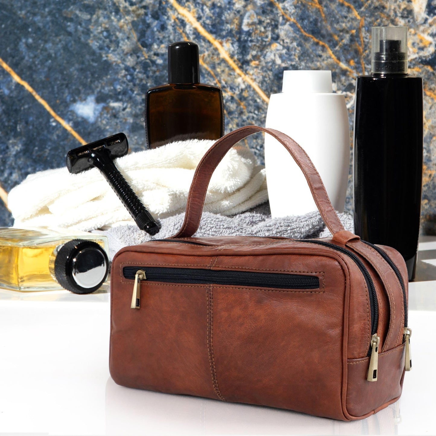 ANUENT Leather Toiletry Bag for Men & Women - Bathroom Bag for Traveling - Mens Shaving Dopp Kit Pouch Cosmetic Organizer Toiletries Bags Gifts for Men and Women (Brown)