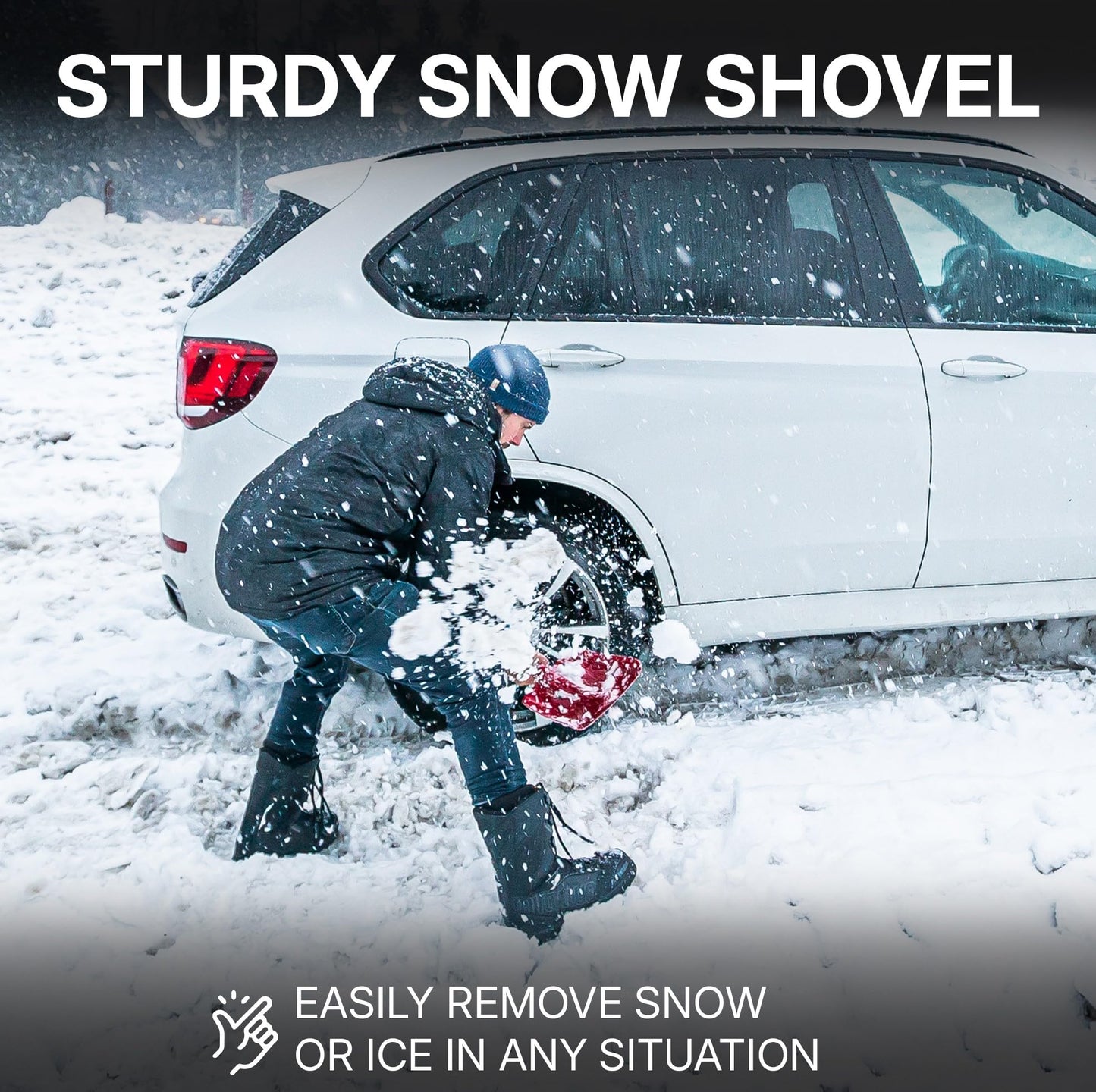 72HRS Collapsible 3-in-1 Aluminum Compact Snow Shovel - Snow Removal in Winter, Emergency Kit for Vehicle, Car, Van, SUV, Truck, Snowmobile, Snowboard Gear, Camping, Gardening (Red, 21”-32”)