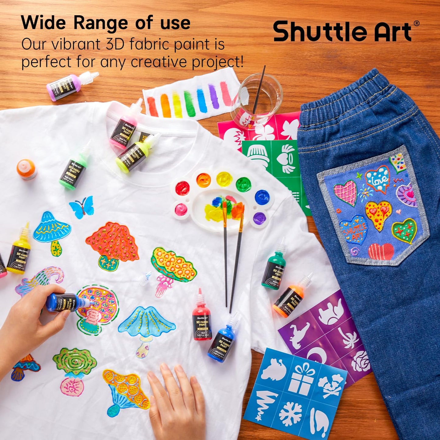 Shuttle Art 3D Textile Paint Machine Washable, 24 Fabric Paints Washable with Brushes, Templates, 3D Textile Paints with Metallic, Neon and Glitter Colours, Fabric Paints Washable Children for T-Shirt