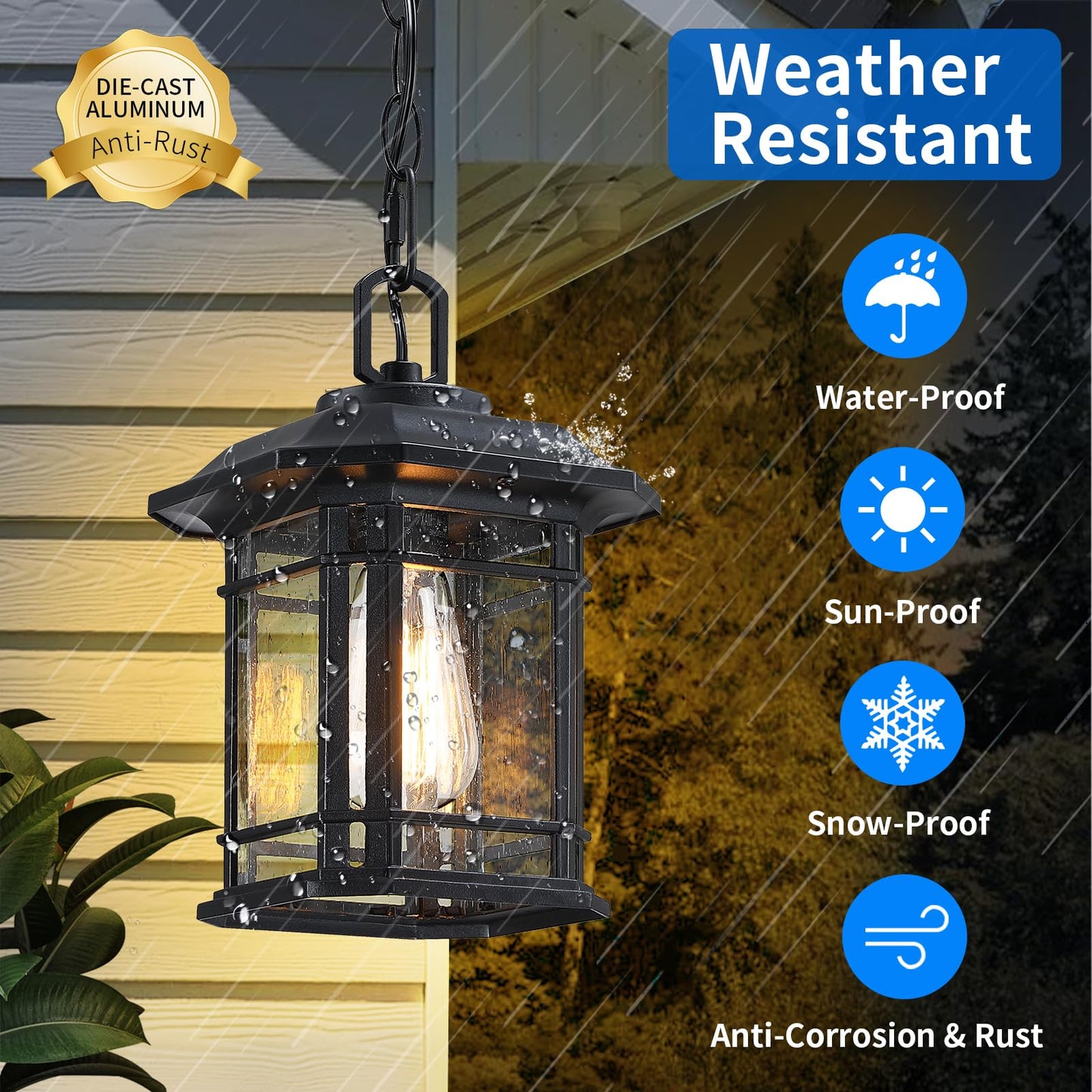 MYHXQ 11'' Outdoor Pendant Lights for Porch, Black Exterior Hanging Lanterns Outdoor, Farmhouse Outdoor Ceiling Light Fixture, Waterproof Tempered Seed Glass Outdoor Chandelier, 1Pack