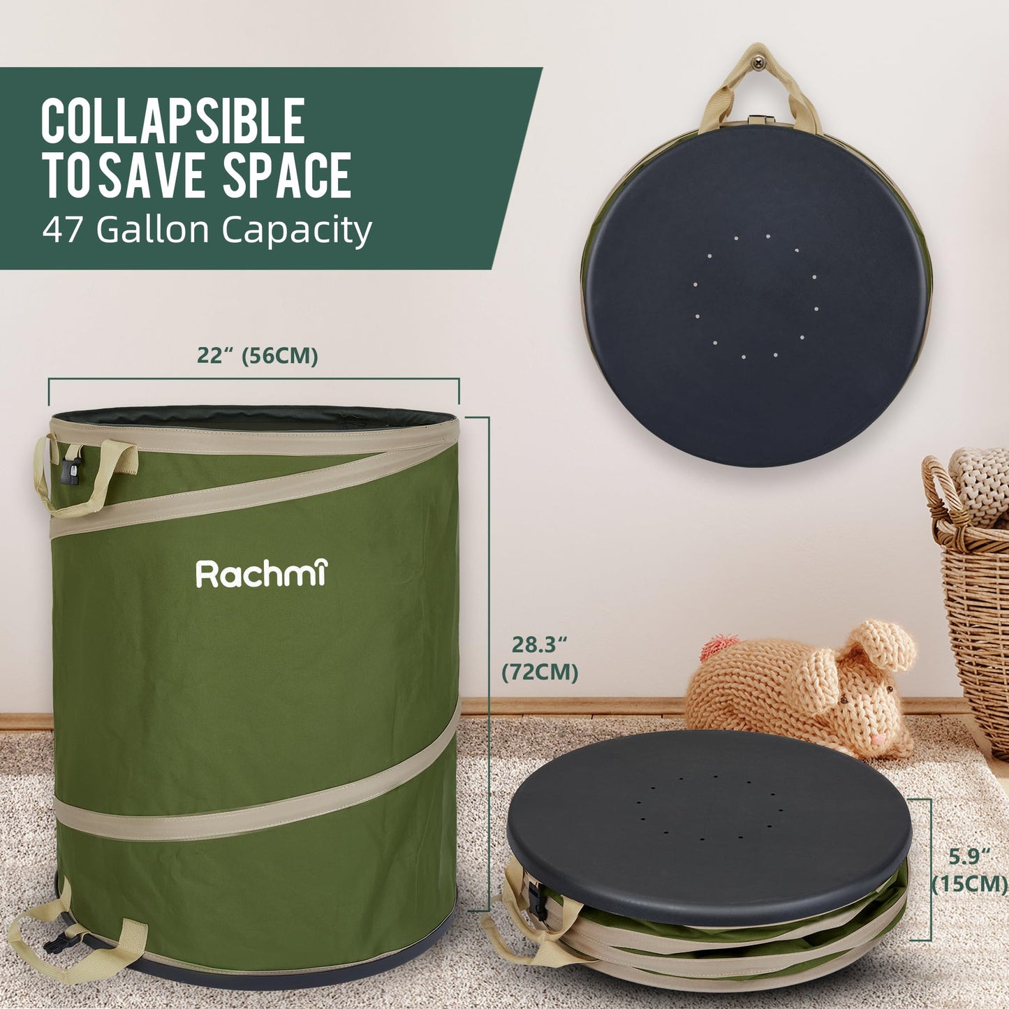 Rachmi 47 Gallon Collapsible Pop Up Trash Can with Hard Bottom 2-Pack | Reusable Outdoor Garden Waste Bag Yard Leaf Basket Recycle Bin for Party Camping | Large Toys Balls Storage Container, Green