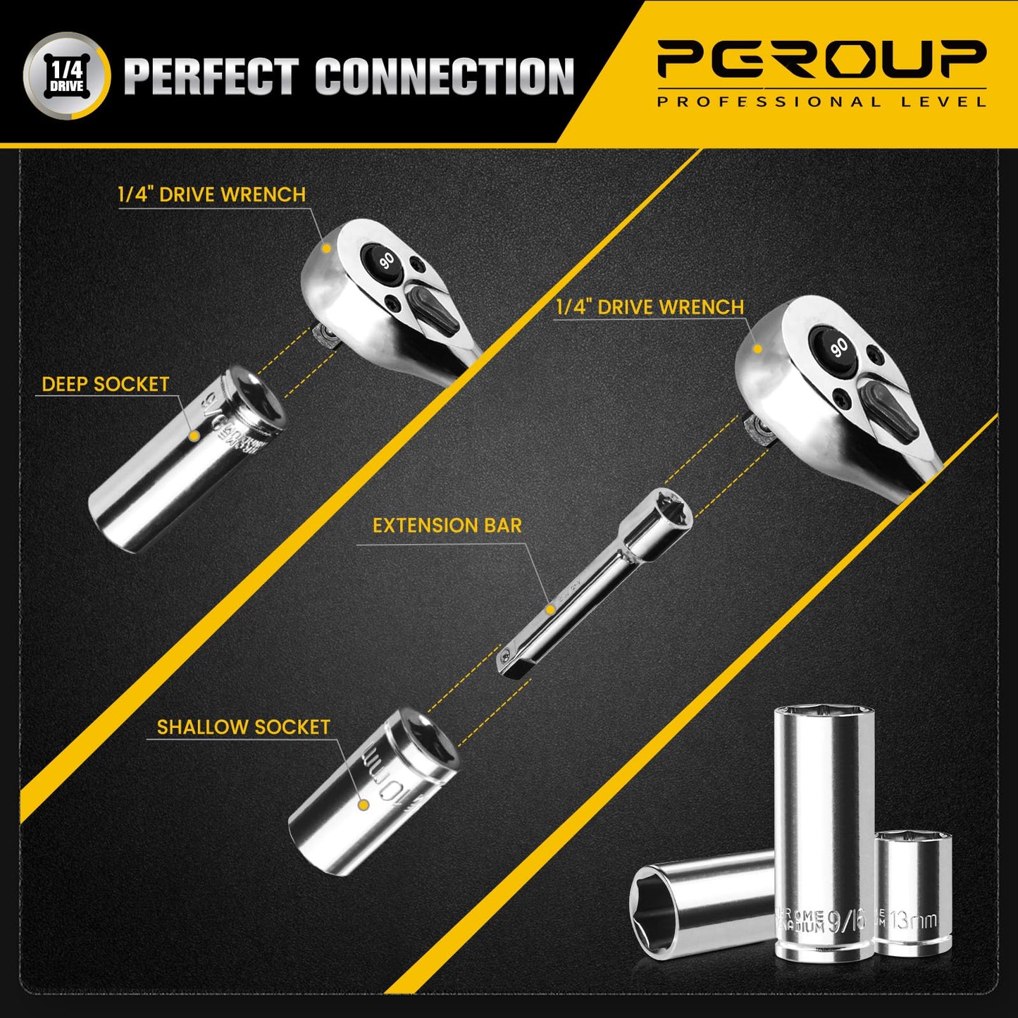 PGROUP 44-Piece 1/4 Inch Drive SAE & Metric Socket Set, Ratchet Socket Set with 90 Tooth Reversible Ratchet Wrench and Extension Bars, Chrome Vanadium Steel