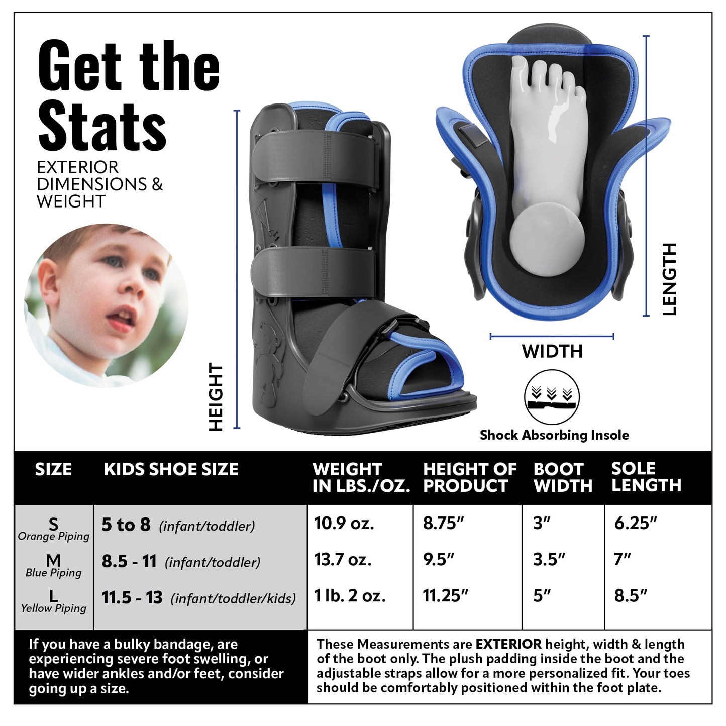 Braceapedia Pediatric Buddy Boot, Kids Medical Grade Left/Right Foot & Ankle Support Brace, Sprain & Injury Recovery Walker Boots, Kids Ankle Brace for Sports and Recovery, Large Yellow Liner, Black