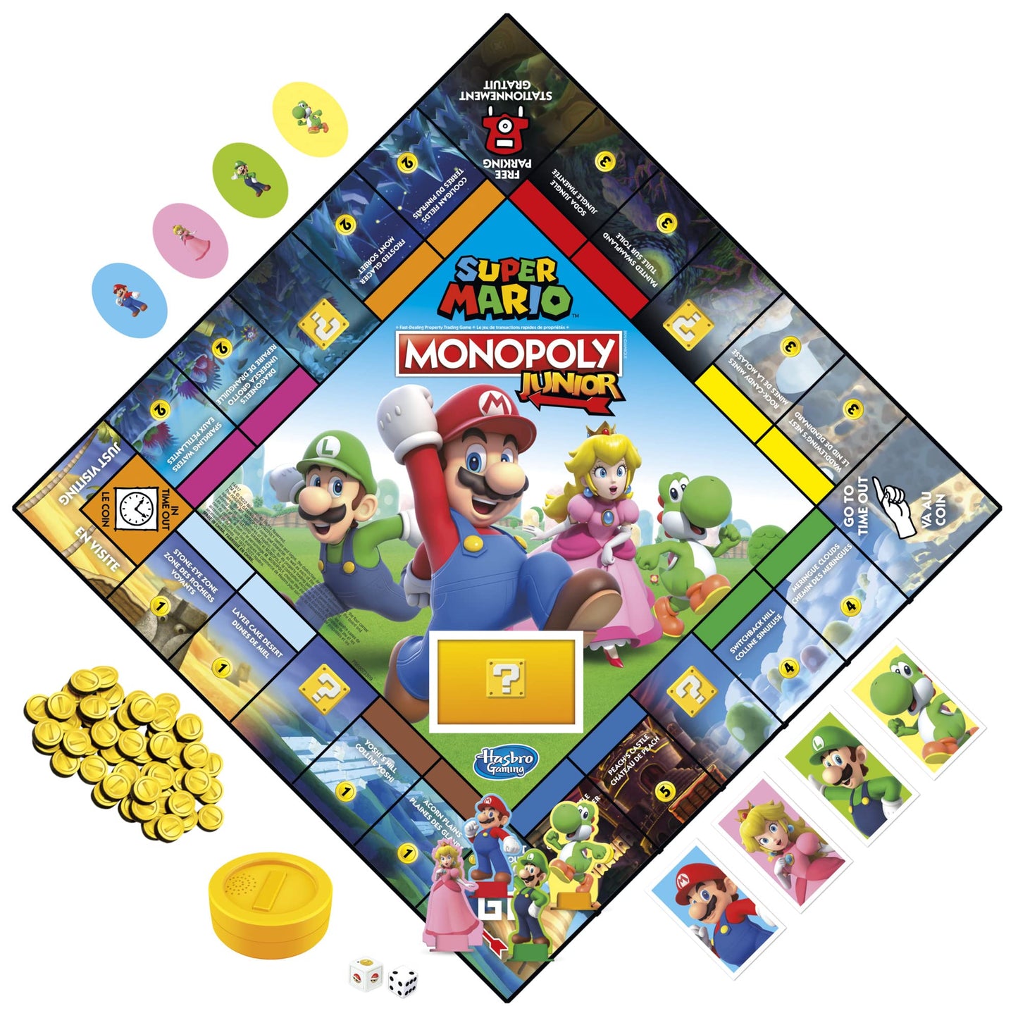 Monopoly Junior Super Mario Edition Board Game, Fun Kids' Game Ages 5 and Up, Explore The Mushroom Kingdom as Mario, Peach, Yoshi, or Luigi - English & French (Amazon Exclusive)