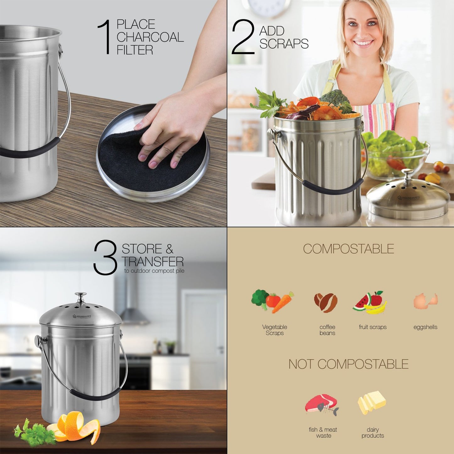 Leak Proof Stainless Steel Compost Bin 1.3 Gallon – Includes 4 Extra Free Filters