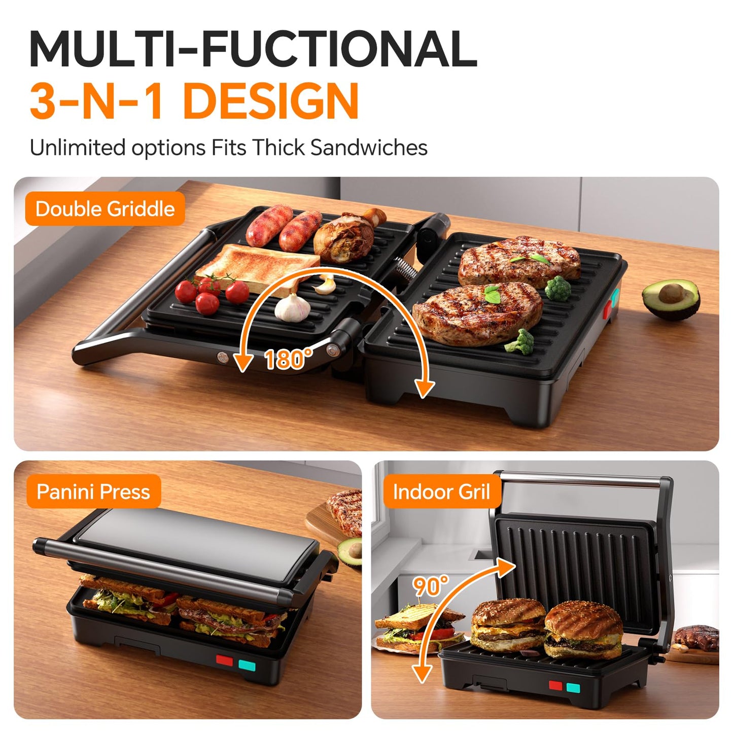 Panini Press Grill, 1000W Sandwich Maker with Non-Stick Coated Plates, Opens 180 Degrees for Any Size of Food, 3-in-1 Sandwich Press Electric Grill, Stainless Steel Surface and Removable Drip Tray