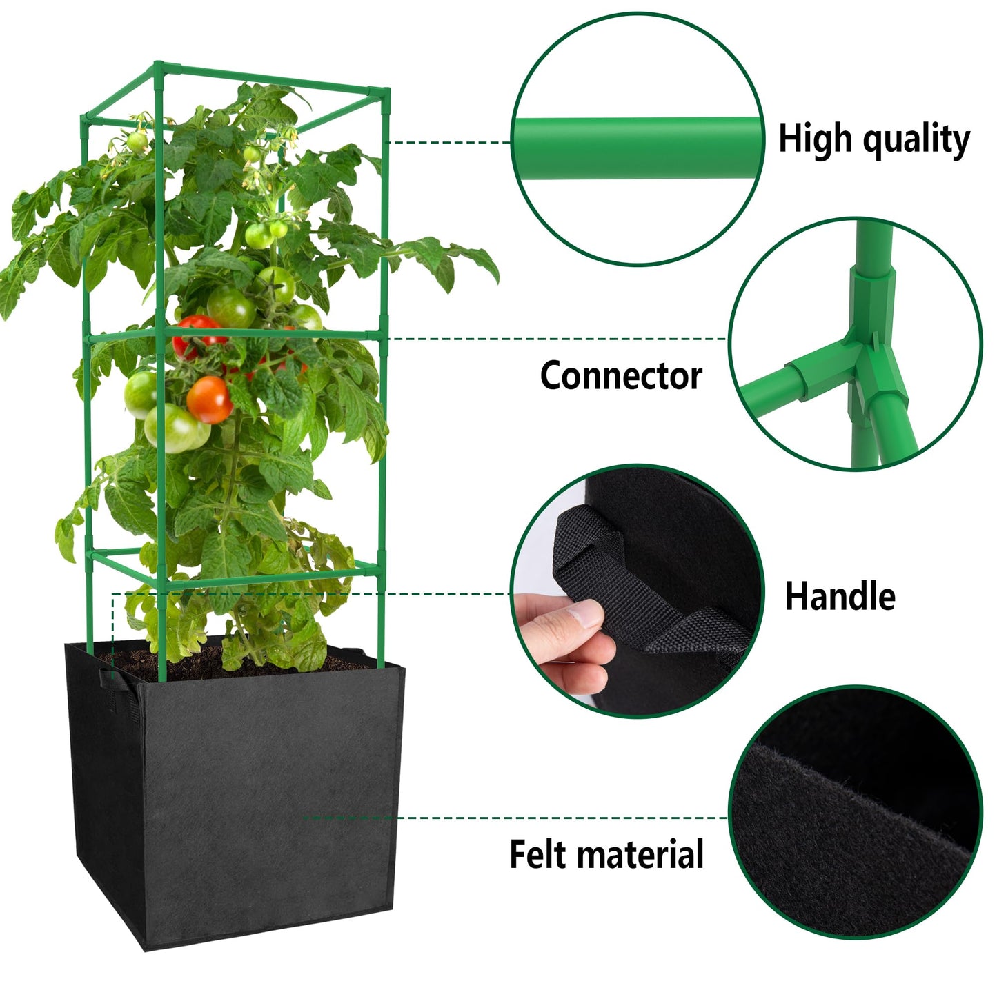 3 Packs 47 x 16 x 16 Inch Garden Tomato Cages with 17.7 Gallon Grow Bags- Square Plant Support Trellis Assembled with Felt Planter Bags- Garden Cucumber Vegetables Frames for Vertical Climbing Plants