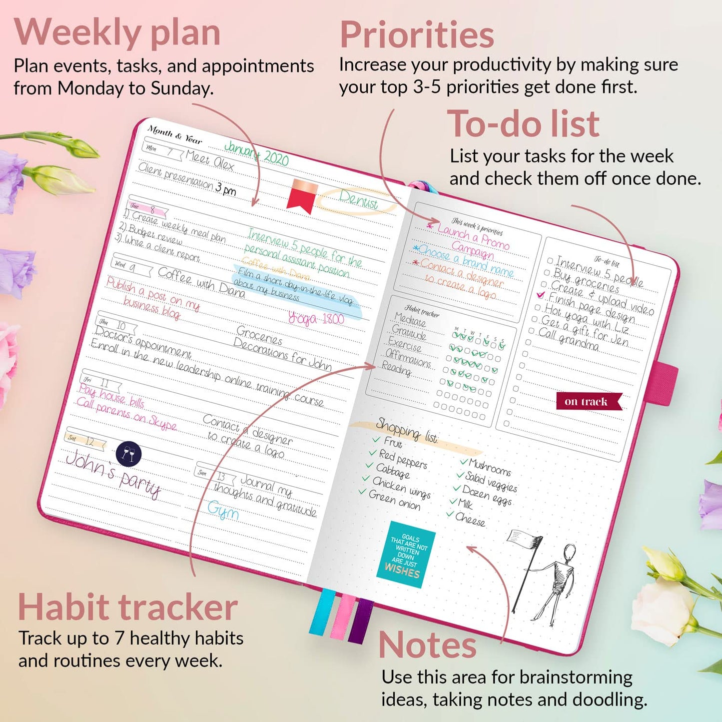 GoGirl Planner and Organizer for Women – A5 Size Weekly Planner, Goals Journal & Agenda to Improve Time Management, Productivity & Live Happier. Undated – Start Anytime, Lasts 1 Year – Hot Pink
