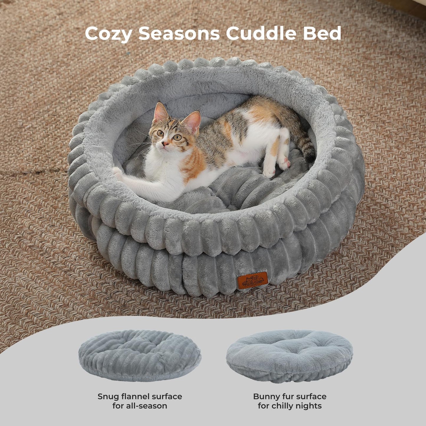 PAWZ Road Cat Bed for Indoor Cat, Washable Pet Bed with Reversible Cushion, Anti-Slip Bottom and Non-Shedding Fabric, Round Cat Bed Cave for Kittens, Grey