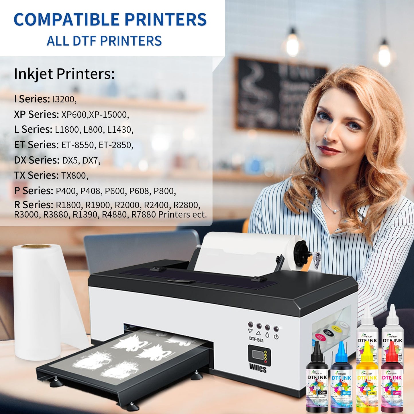 Welacer DTF Ink for ET-8550, ET-2850 L1800, R1390, I3200, XP600, XP-15000, DX5 DX7, TX800, L800, 1430, P400, 6x100ml Heat Transfer Ink Conversion Kit Refill for All DTF Printers,for DTF Film