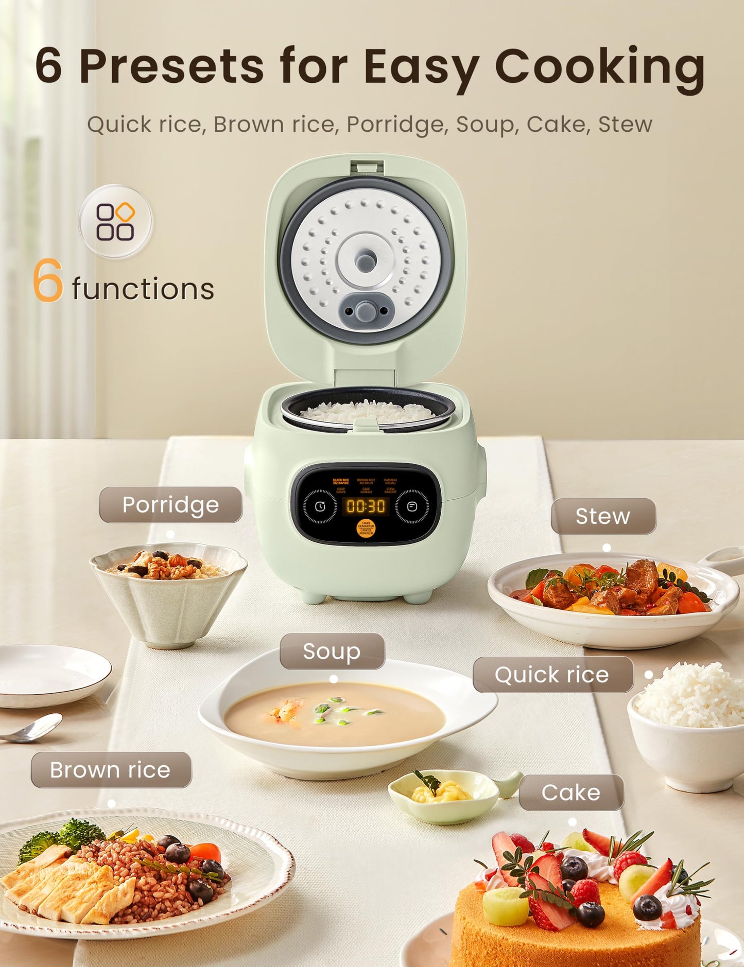 COMFEE' Mini Rice Cooker 4 Cups Cooked/2 Cups Uncooked, Portable Non-Stick rice maker, 24 hours Timer Delay, 6 Functions, Fast Cooker, Brown Rice, Oatmeal, Sage Green Color