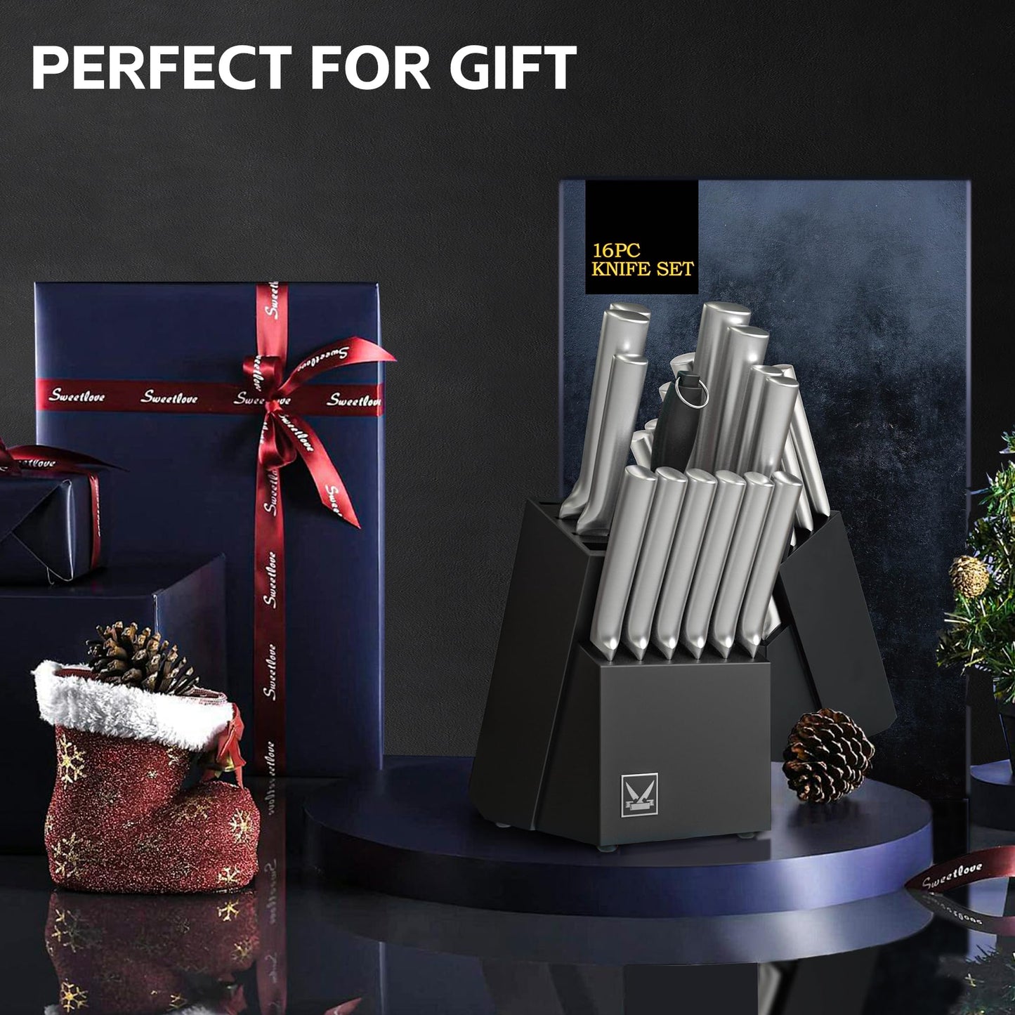 Knife Set, 16 Pieces Kitchen Knife Set with Block, High Carbon German Stainless Steel Knife Block Set with One Piece Design Hollow Handle for Chopping, Slicing, Dicing & Cutting
