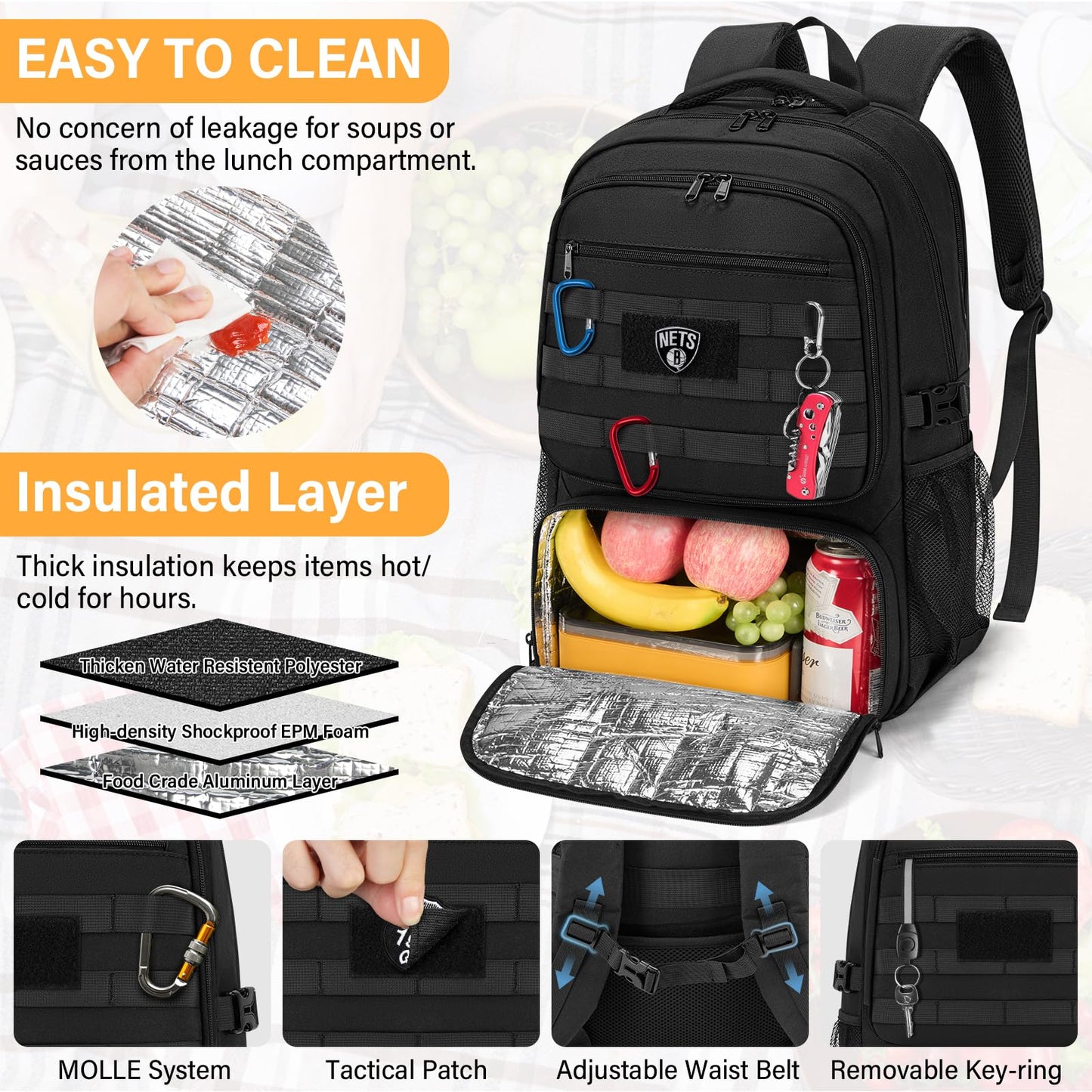 SDYSM Tactical Lunch Backpack for Men Women 17.3 Inch Laptop Backpack with USB Charging Port Military Work Backpack with Insulated Lunch Bag for Travel College Business, Black