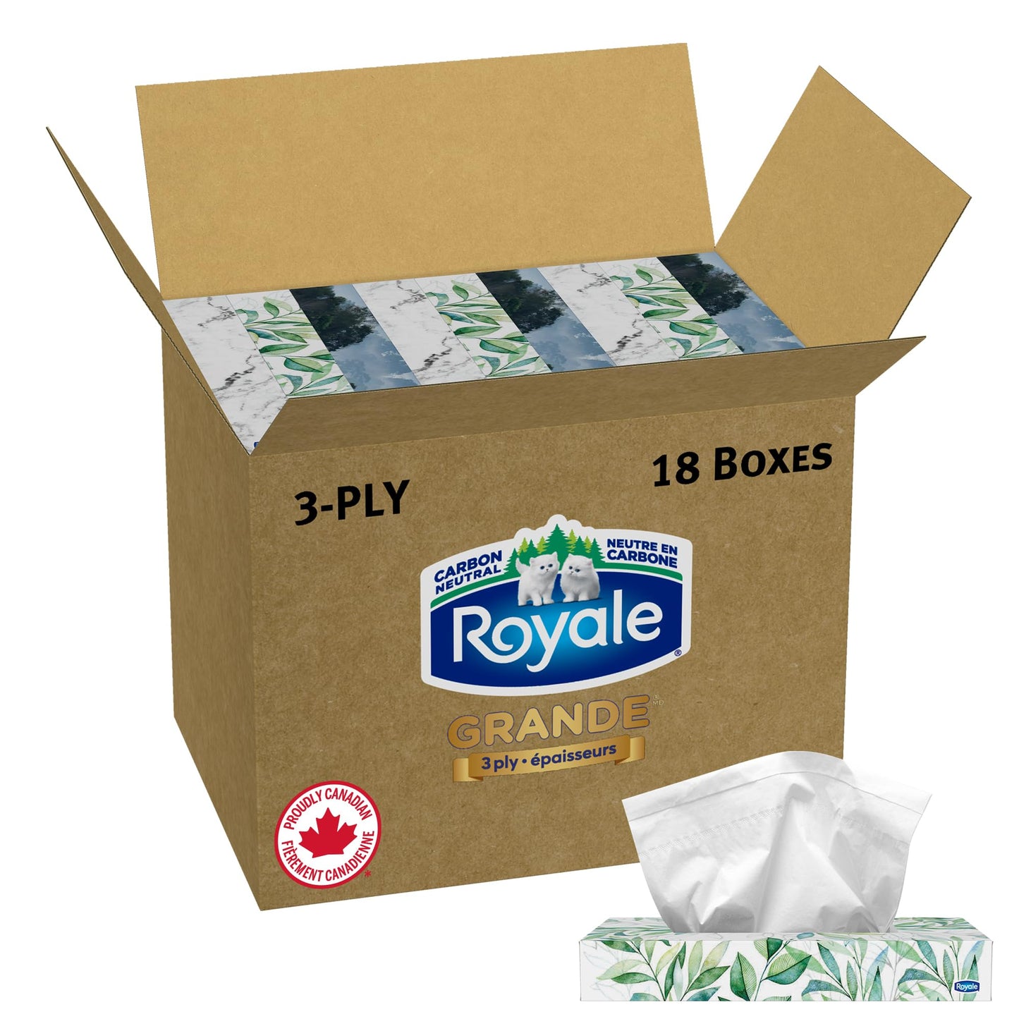 Royale 3 Ply Facial Tissues, Bigger Stronger & Softer Sheets, 18 Boxes, 50 Tissues Per Box