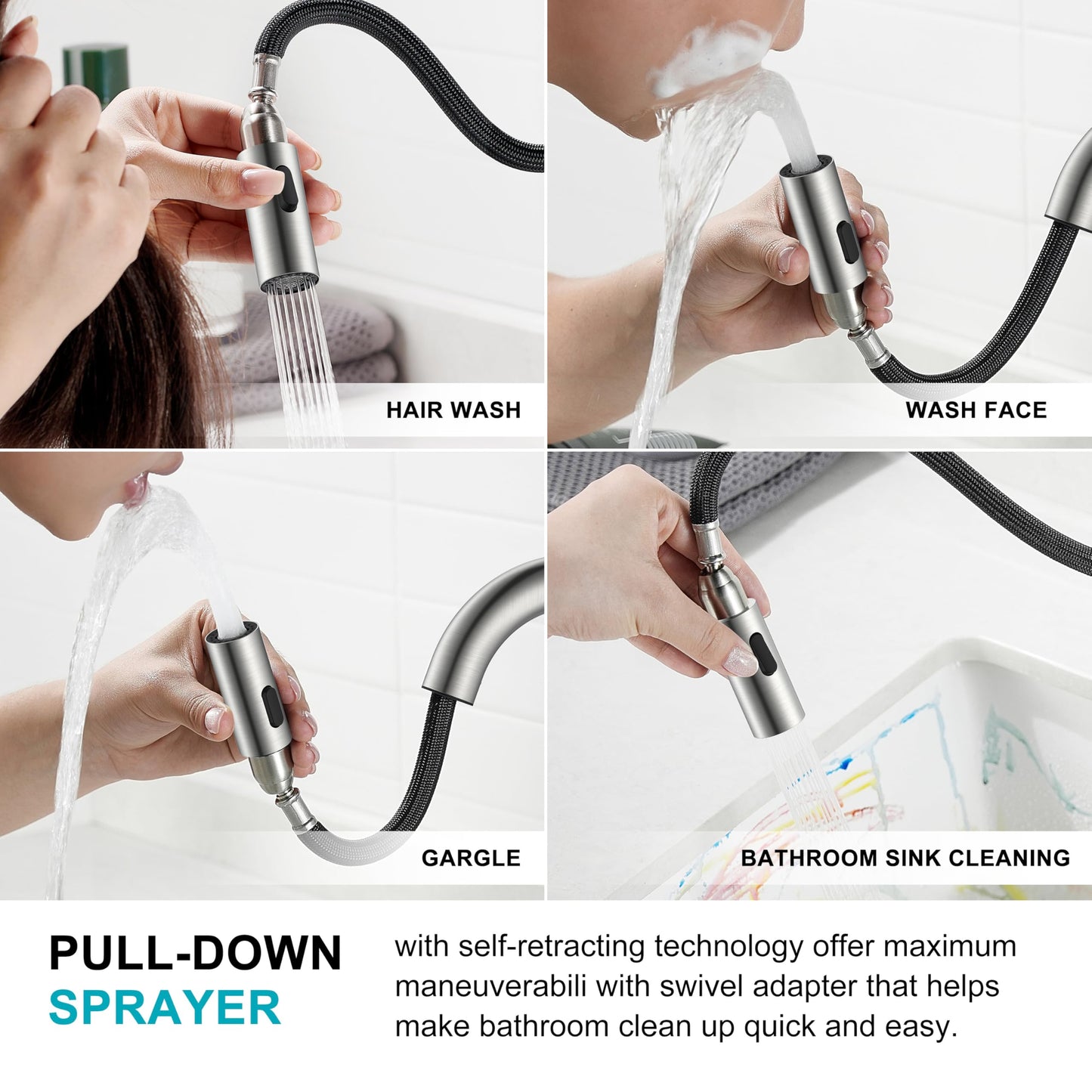 KENES Brushed Nickel Bathroom Faucet with Pull Down Sprayer, Single Handle Bathroom Sink Faucet with Pull Out Sprayer, Vanity Faucet with Pop Up Drain & Deck Plate, KE-9065B