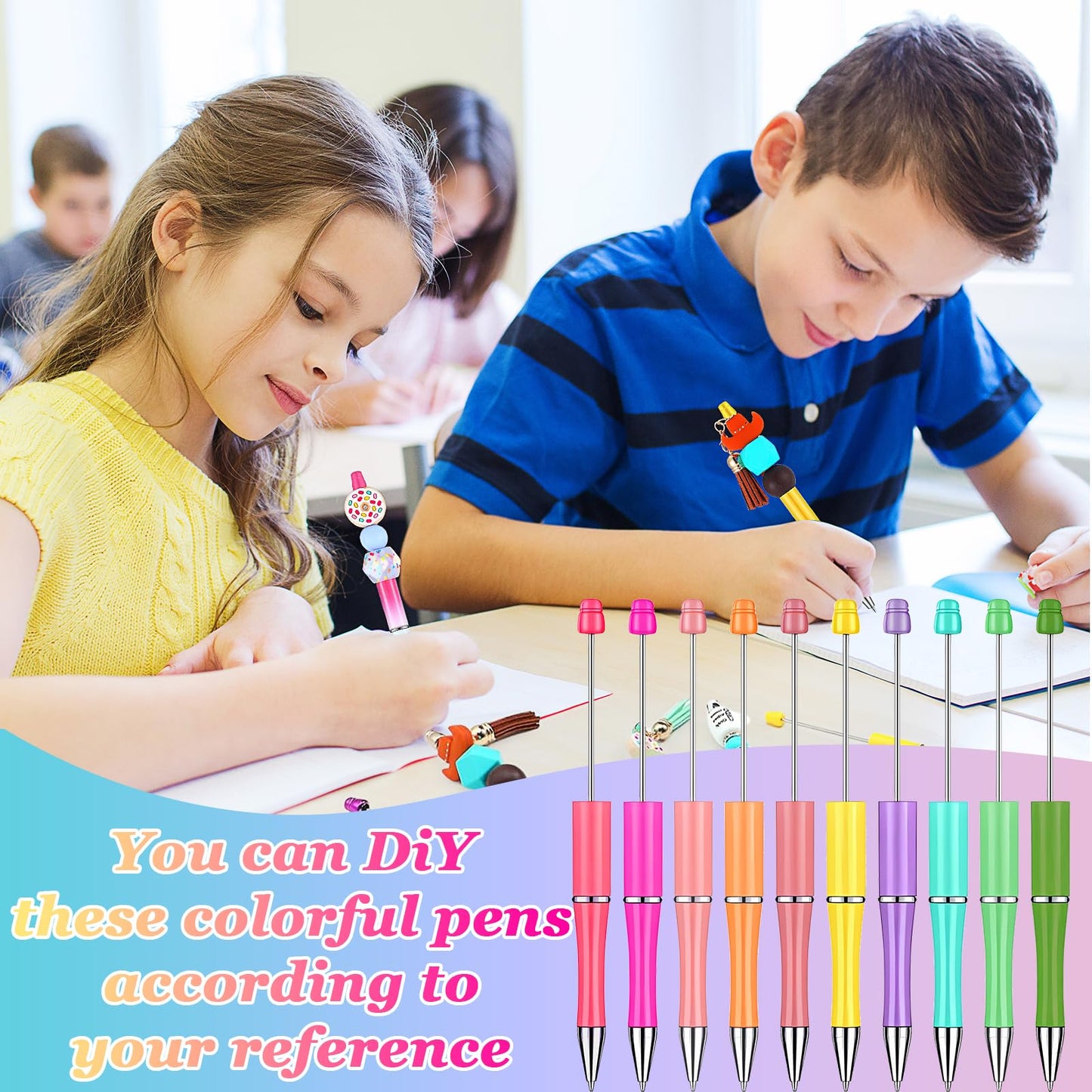 200 PCS DIY Beadable Pens Kit, 100 Plastic Beaded Ballpoint Pens with 100 Refills, Creative DIY Assorted Cute Pen for Making Gift Students Teacher, Rollerball Pen Office School Supplies