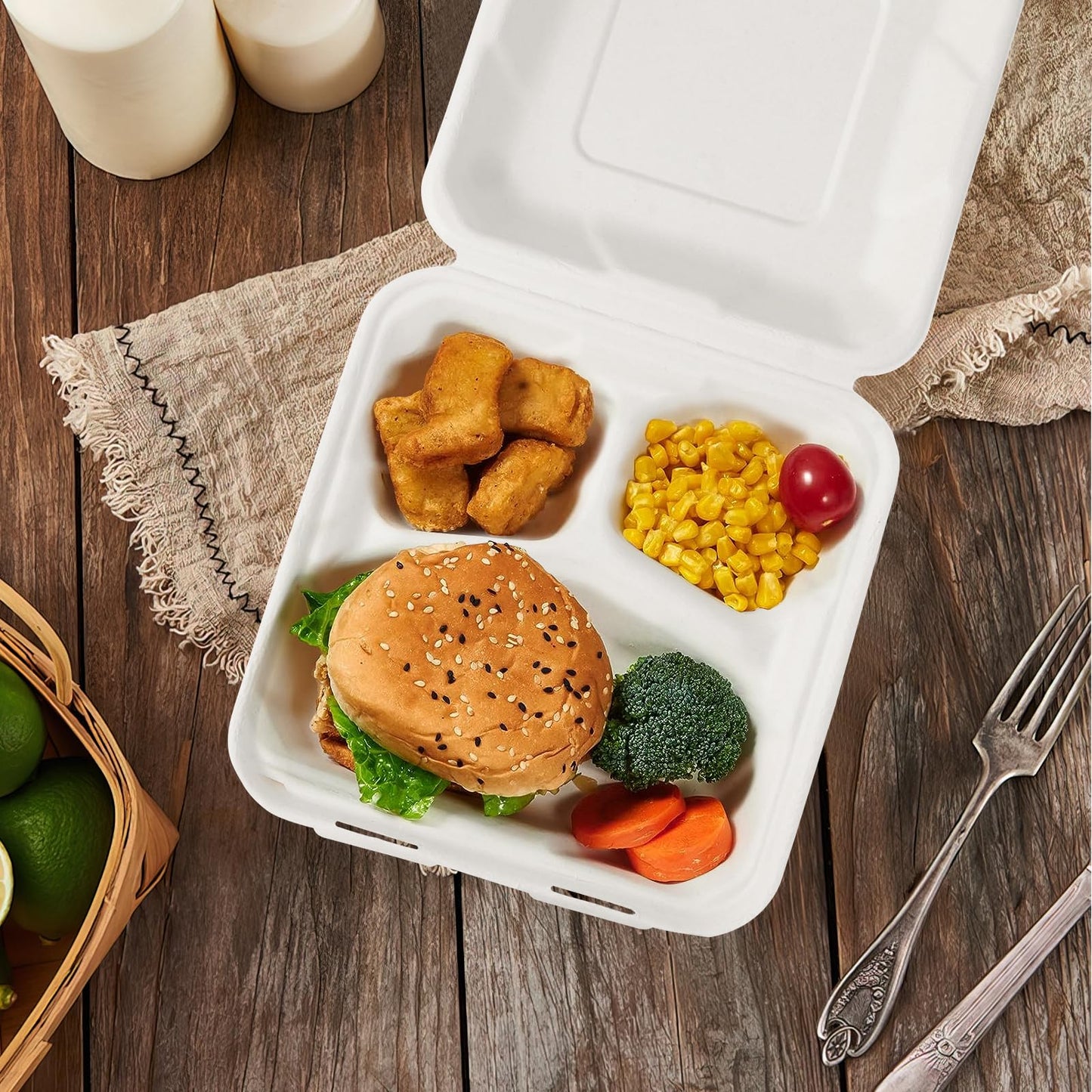 8X8" 3 Compartment 80-Pack Plastic Clamshell Take Out Food Containers, Heavy Duty To-go Disposable Lunch Box For Cake, Sandwich, Salad,Dessert, Restaurant Meal Prep Packaging Catering Hinged Container